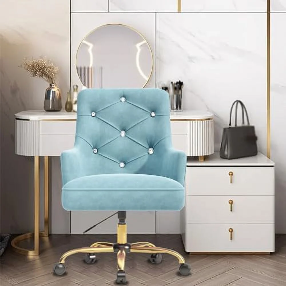 Blue Vanity Chair with Back  Velvet Desk Chair for Makeup Room  Cute Swivel Vanity Chair with Rolling Wheels  Blue Fluffy Desk Chair for  Office  Vanity Chair for Girls
