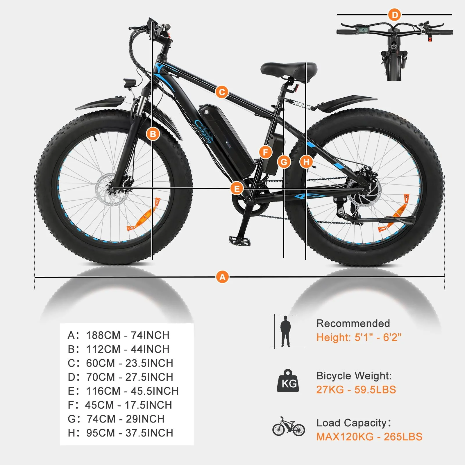 CamPingSurvivals 26 inch Electric Mountain Bicycle, 7-Speed Adult Ebike with 500W 48V 10Ah for Snow, Beach