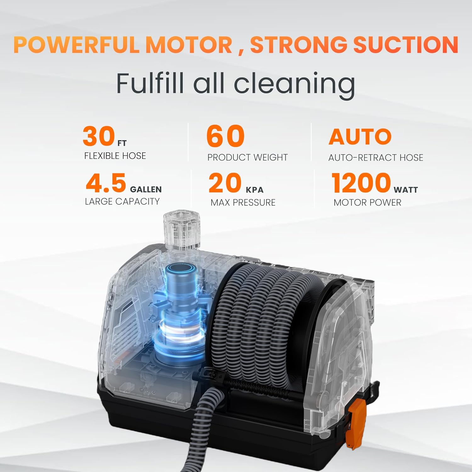Giraffe Tools Wall-Mounted Vacuum Cleaner with 30FT Retractable Hose, Wet Dry Vacuum Cleaner with 6 Nozzles for Car Detailing Remote Control, Grey