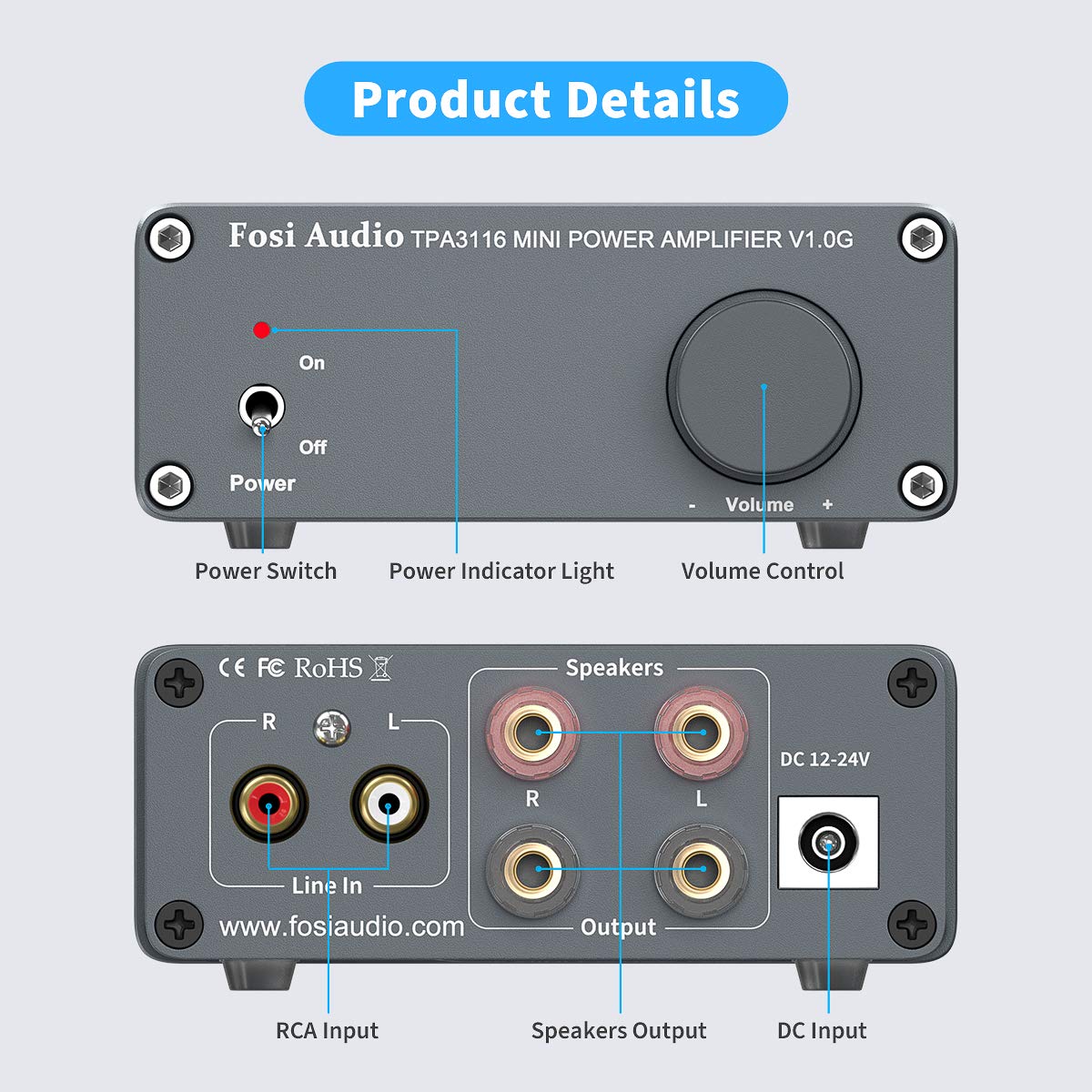 Fosi Audio 100W Power Amplifier with 8 Banana Plugs Mini Stereo Audio 2 Channel Class D Amplifier Hi-Fi Professional Digital Amp with 19V 4.74A Power Adapter for Home Audio System Pack of 2
