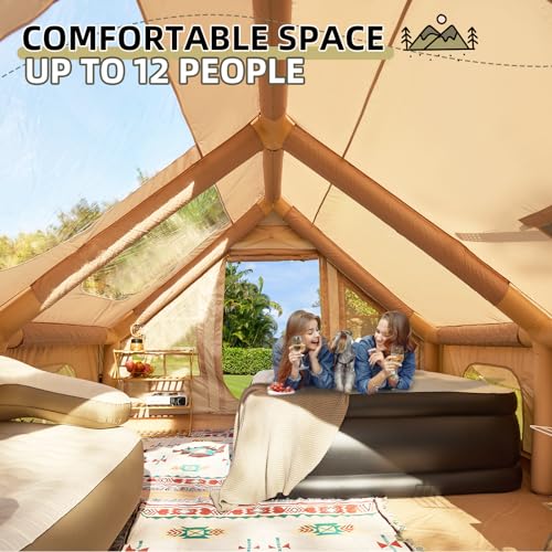 YOLENY Extra Large Inflatable Camping Tent, Glamping Tents Easy Setup 4 Season Windproof Outdoor Cotton Tent with Stove Jack & Mesh Windows & Pump