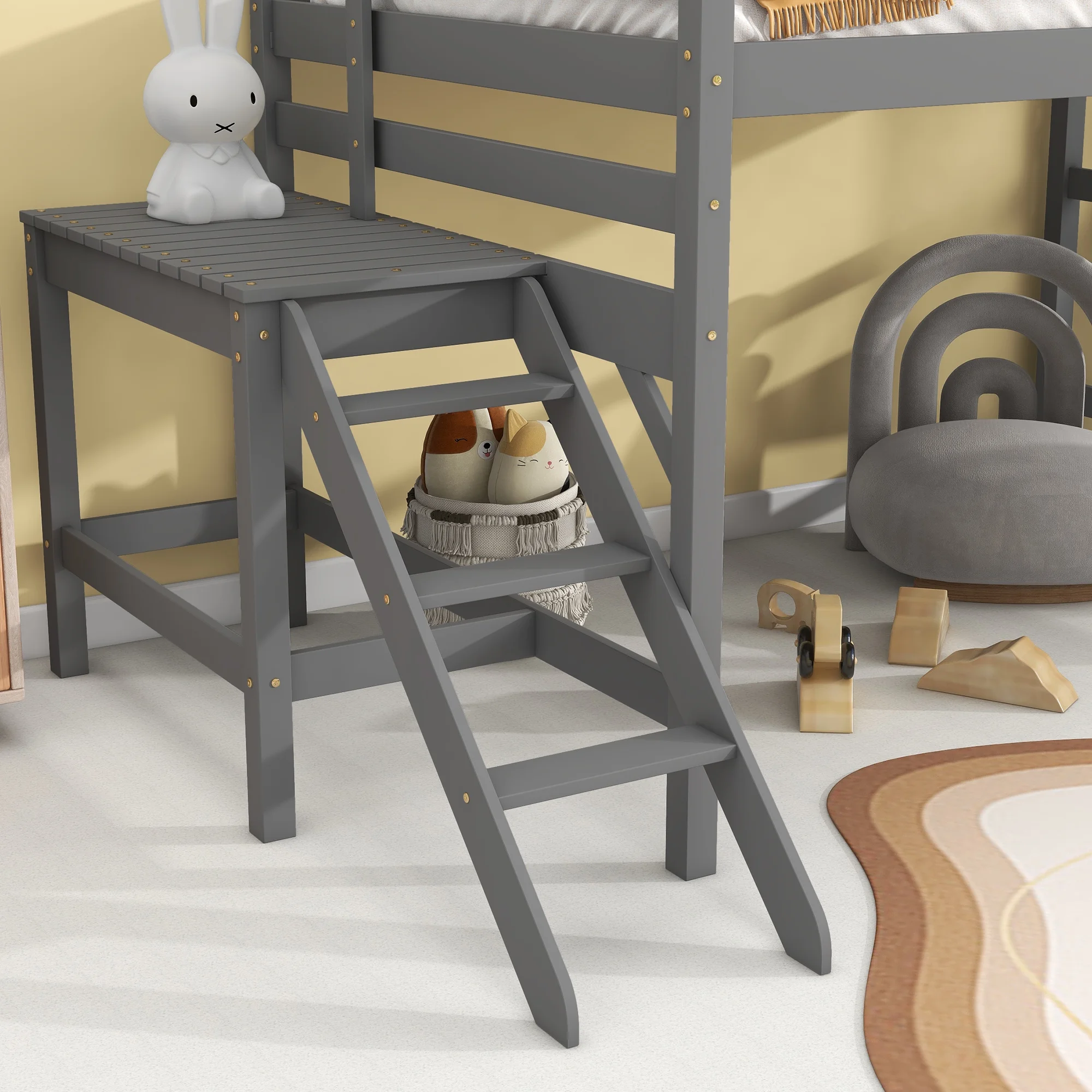 Bellemave Full Wood Loft Bed with Full-length Safety Rail and Ladder, Space-Saving Bedroom Low Loft Bed for Kids (Gray)
