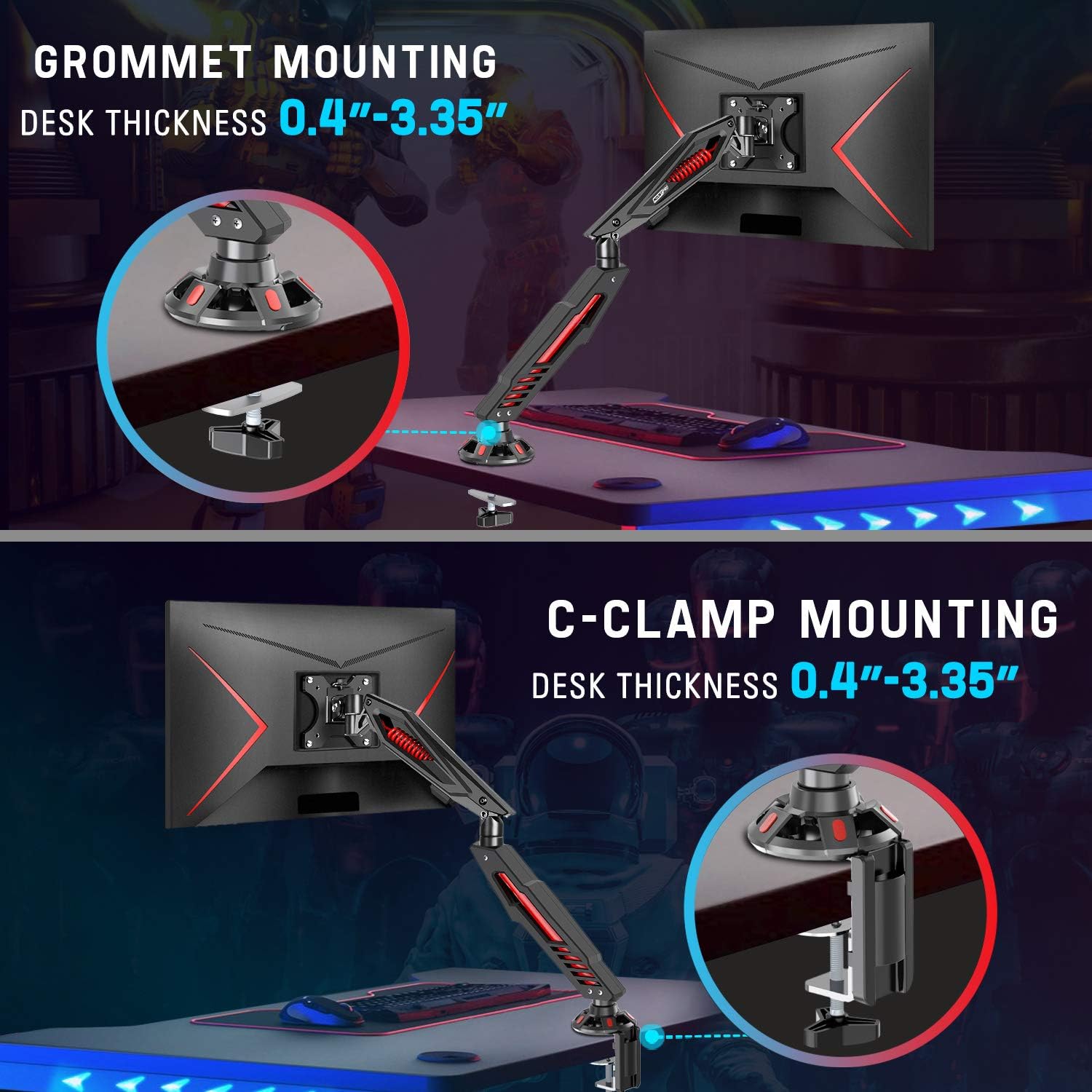 MOUNT PRO Single Gaming Monitor Stand - Mechanical Spring Monitor Mount, Adjustable Gaming Monitor Arm with C Clamp and Grommet Mounting Base - Fits for Computer Screen up to 32”, VESA 75x75, 100x100