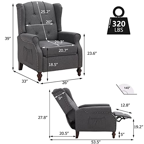 Wingback Recliner Chair with Massage and Heat, Tufted Fabric Pushback Recliner Chair, Wingback Chair with Remote Control, Padded Cushion, Wooden Legs, Small Recliners for Small Spaces
