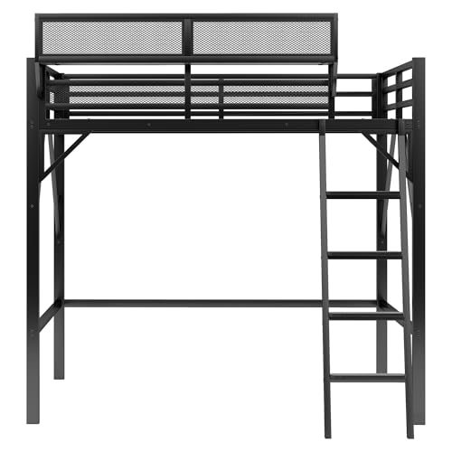 Full Size Loft Bed with Stairs and Storage, Metal Loft Bed Frame with Bedside Shelf and Large Under-Bed Space, Heavy-Duty Bed for Adults Teens and Kids, Black