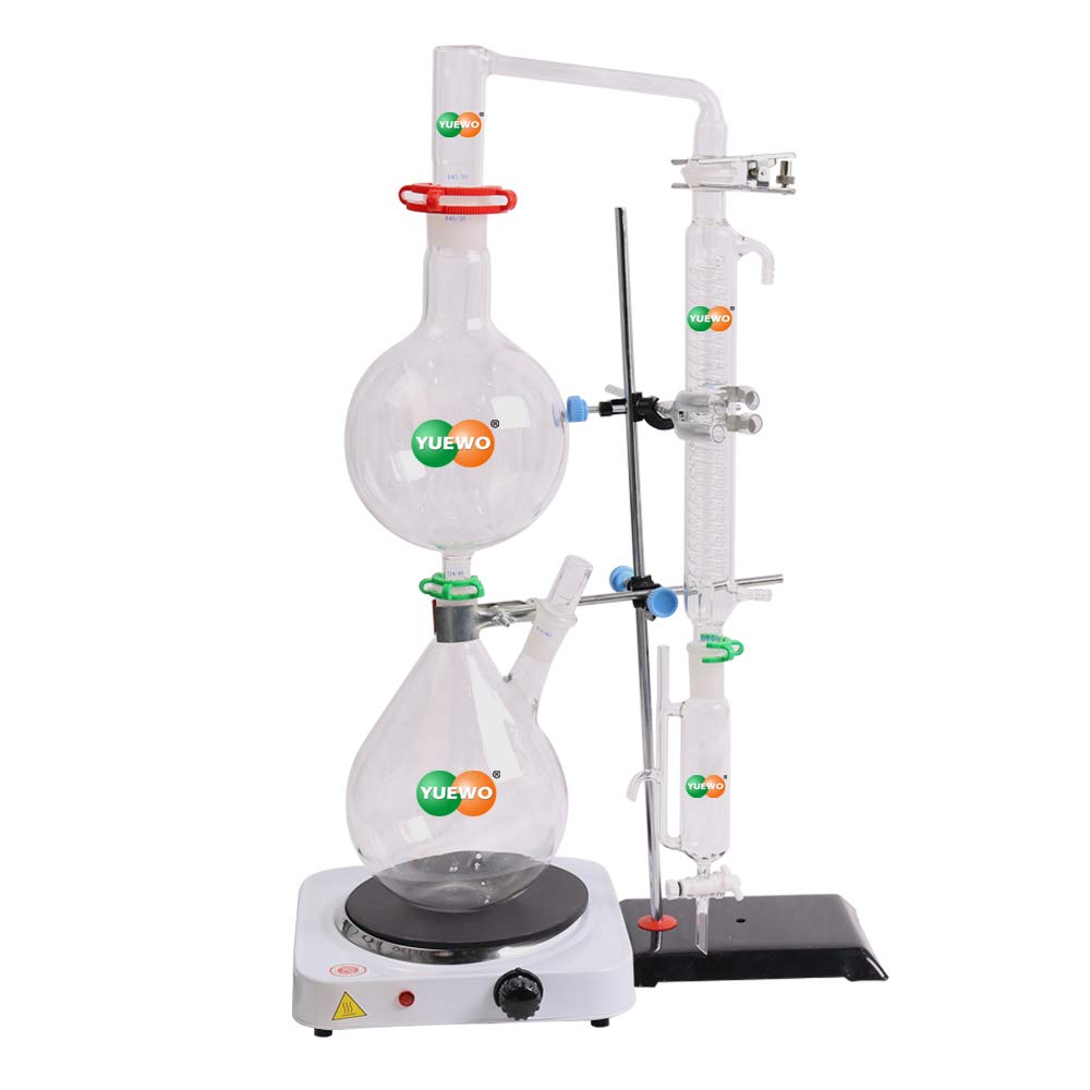 New 2000ml Lab Essential Oil Steam Distillation Apparatus Glassware Kits Water Distiller Purifier w/Hot Stove Graham Condenser S35 and 24/40 Joint