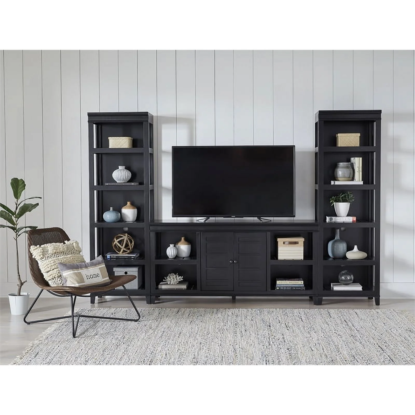 Progressive Furniture Reagan Wood Wall Unit w/66" TV Media Console Raven Black