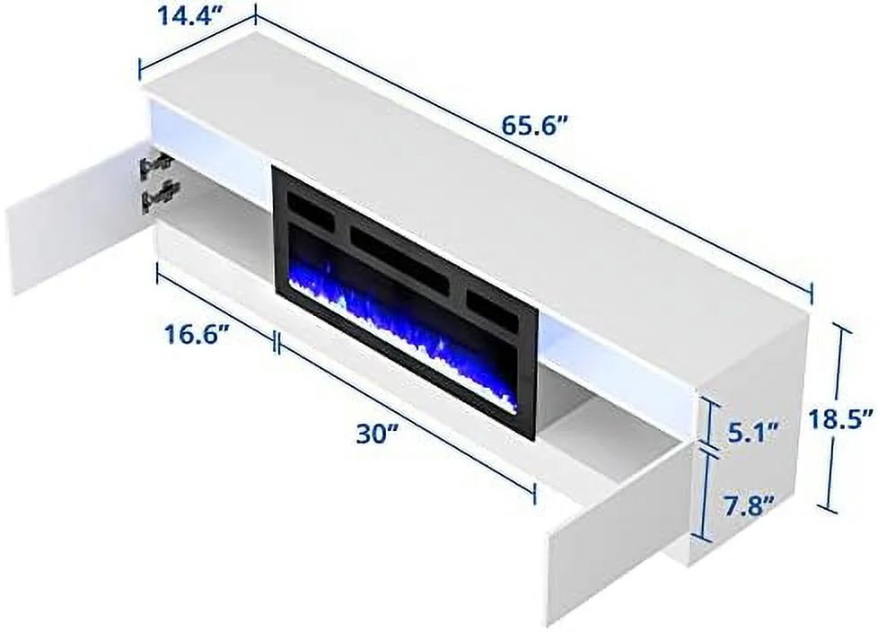 TJUNBOLIFE Fireplace TV Stand for 75 inch TV  LED TV Entertainment Center with 30" Electric Fireplace  High Gloss Modern Television Stand  White
