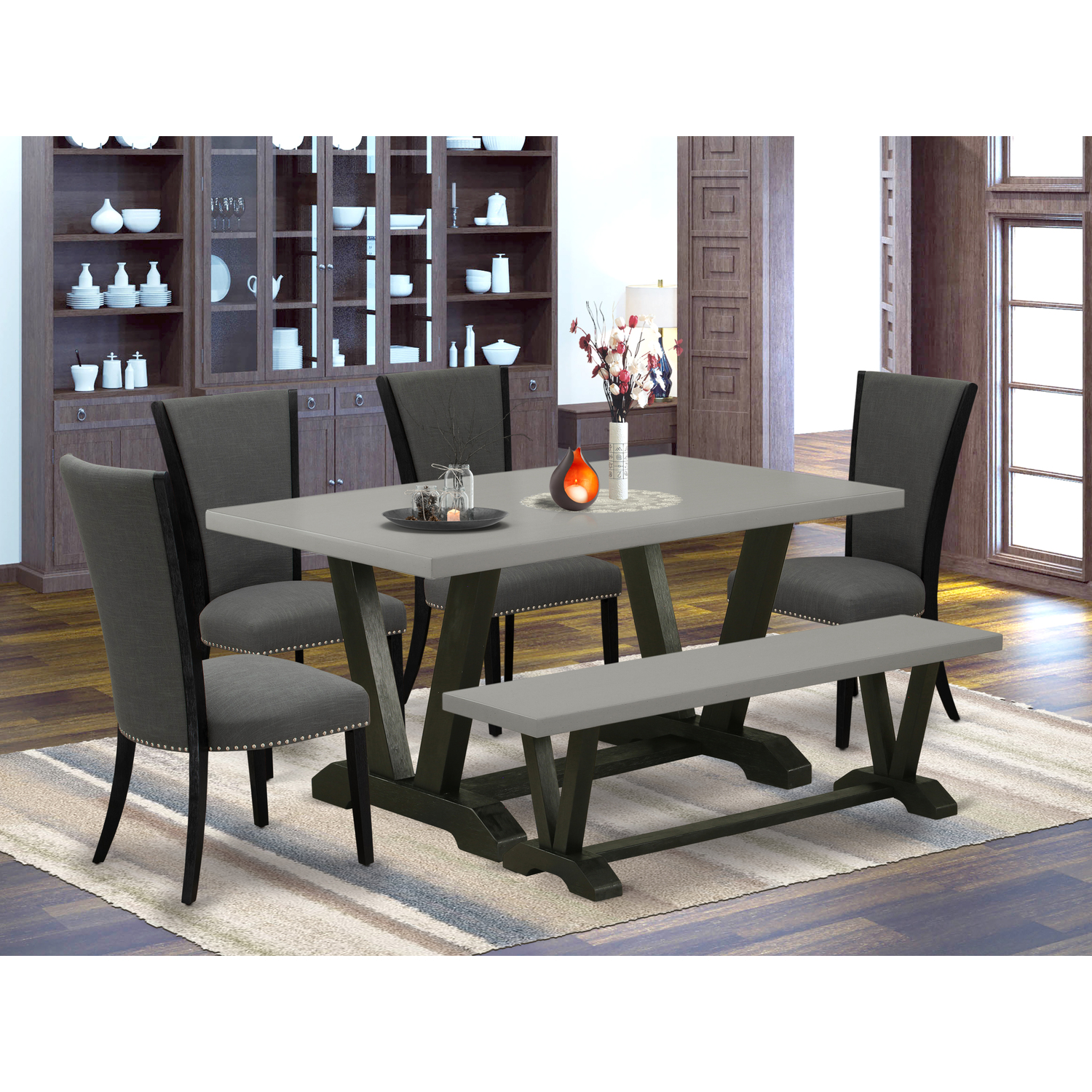 East West Furniture V-Style 6-piece Wood Dining Set with Fabric Seat in Gray