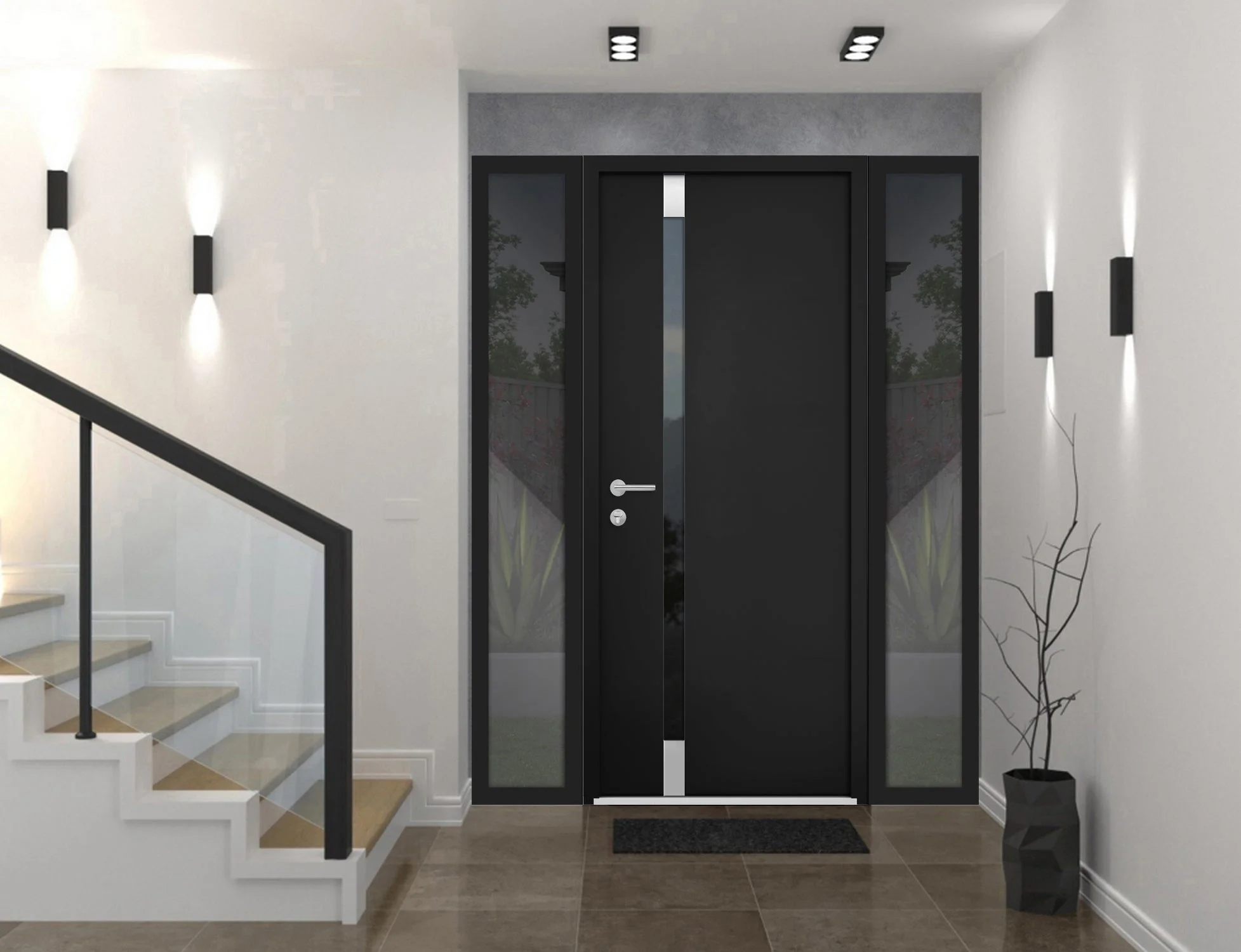 Front Exterior Prehung Steel Door / Cynex 6777 Black / 2 Side Exterior Windows / Stainless Inserts Single Modern Painted-W16+36+16" x H80"-Right-hand Inswing