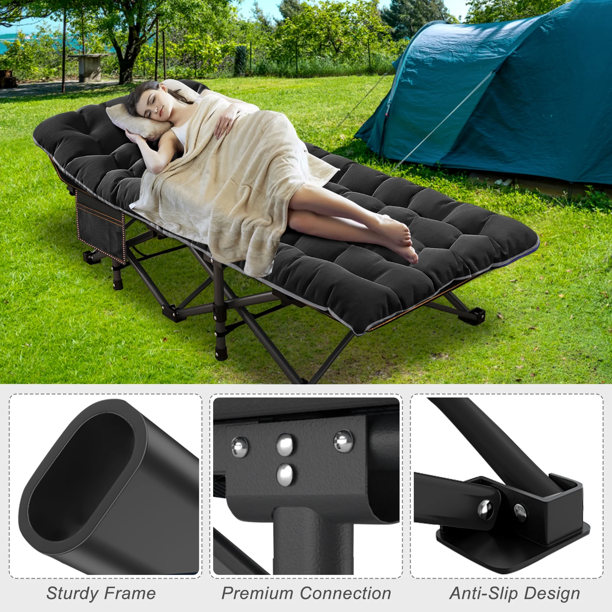 Slsy Folding Bed with 3.3 Inch 2 Sided Mattress & Carry Bag for Adults & Kids, Camping Cot, Sleeping Cot, Folding Guest Bed, Heavy Duty Supports 880 Lbs