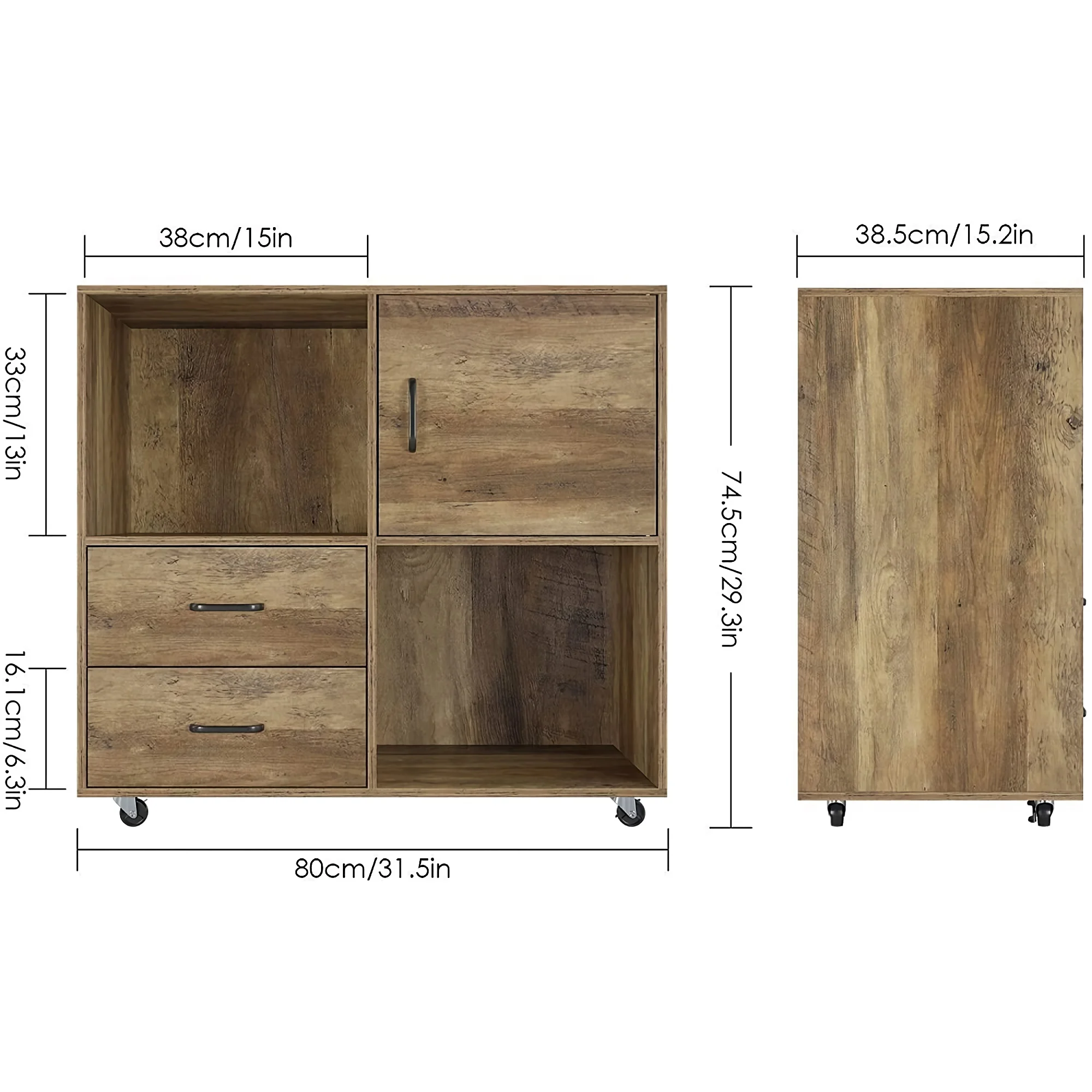 Wooden File Cabinet, Lateral Filing Cabinet Printer Stand with Wheels, 2 Drawers, Storage Shelves, Door Cabinet for Home, Office