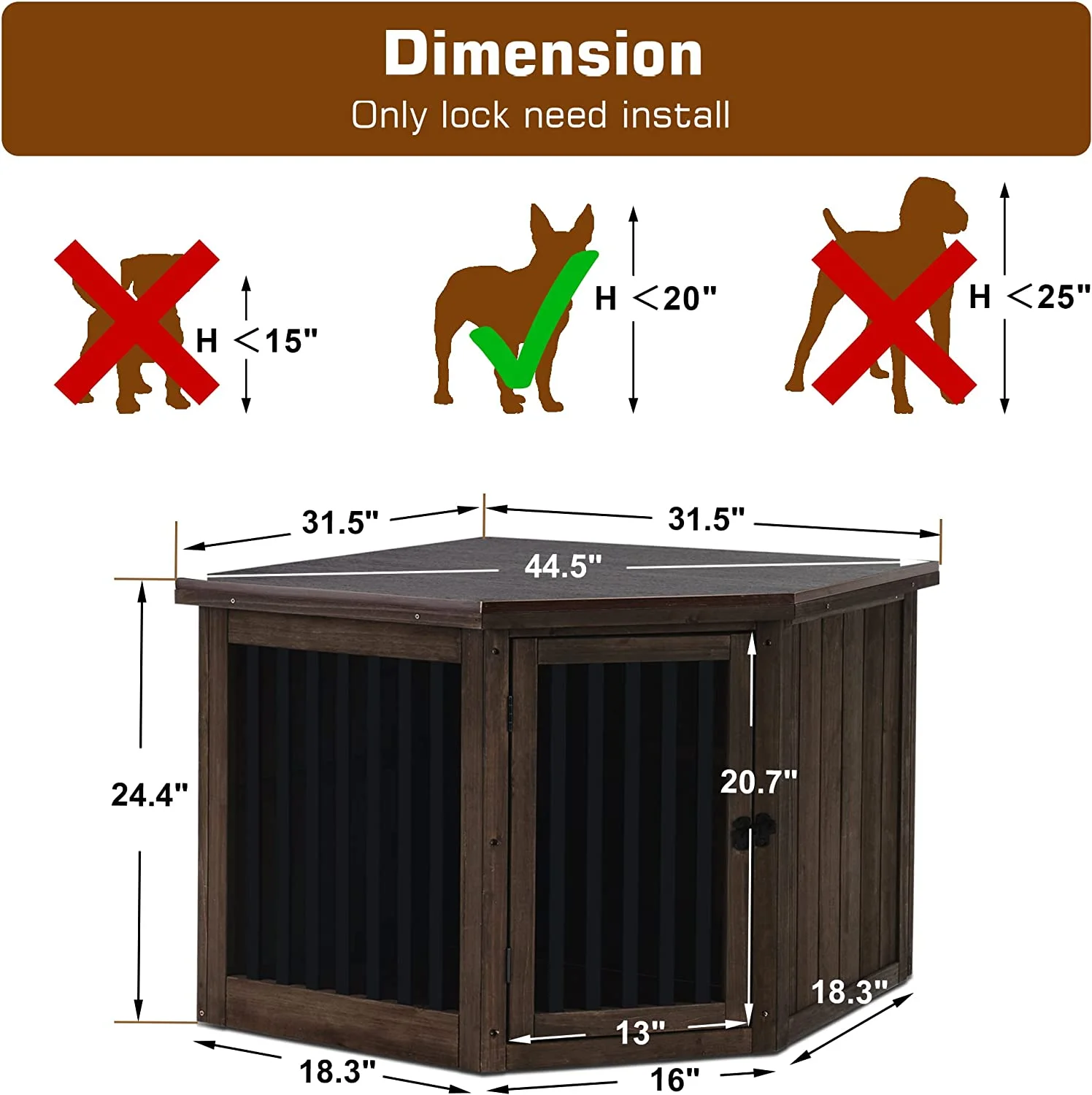 Furniture Corner Dog Crate, End Table Dog Kennel With Door, Wooden Dog House, Pet Crate Indoor Use 1578 (Medium, Brown)