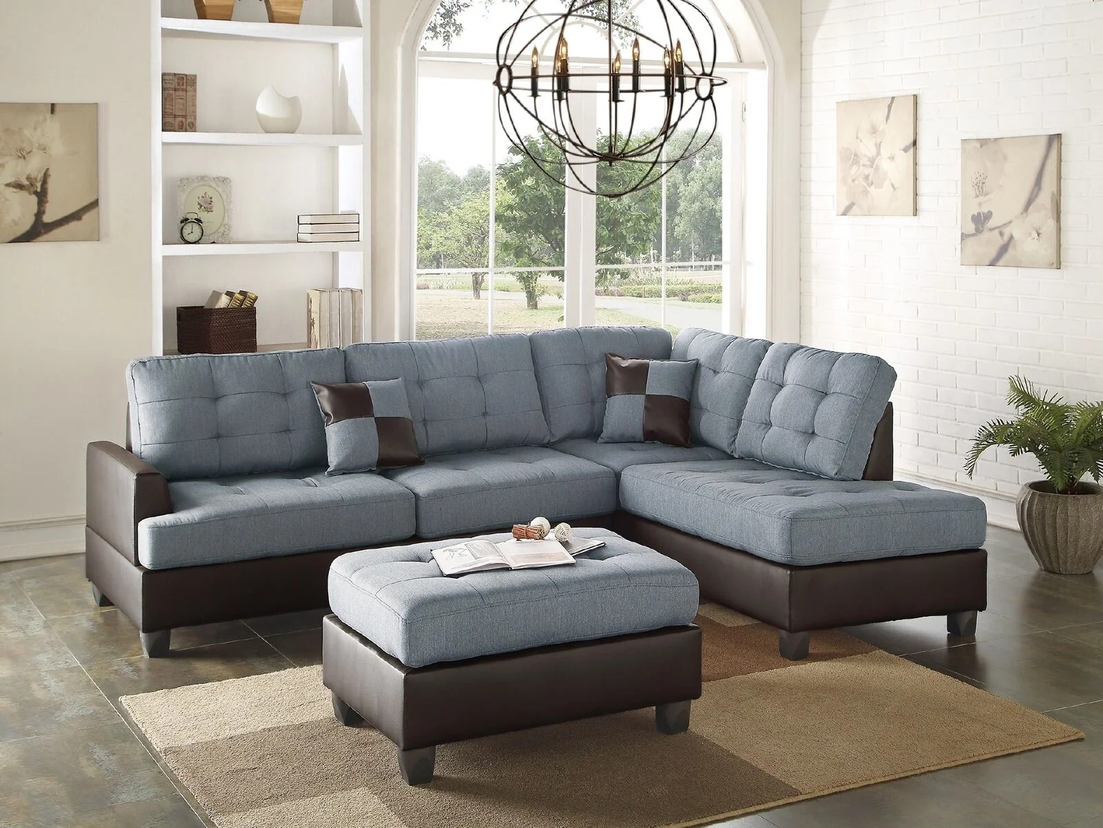 Sectional Sofa Set Contemporary Grey Linen Like Fabric Sofa Chaise Ottoman Tufted Comfort Couch Living Room Furniture