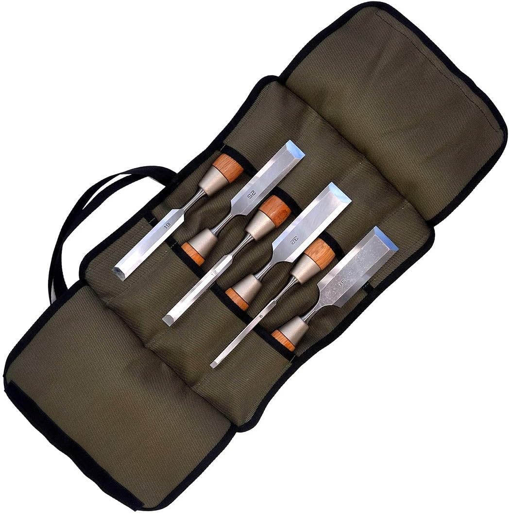 KAKURI Japanese Chisel Set 6 Pcs, Japanese & Western Mixed Style, Professional Heavy Duty Wood Chisel Set NOMI with Carrying Case for Woodworking, Mortising, Dovetailing, Red Oak Handle, Made in JAPAN
