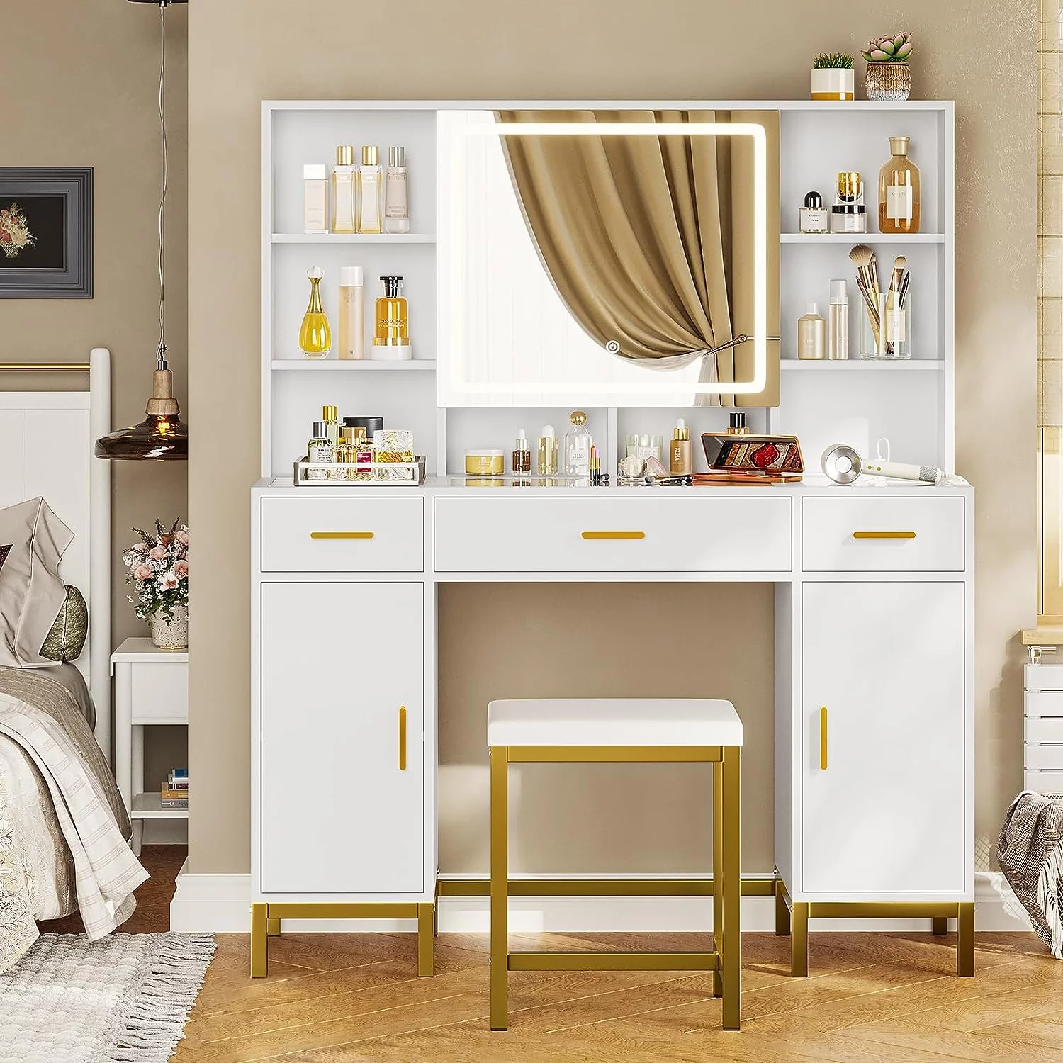 AOGLLATI Vanity Desk with Lights Mirror and 3 Drawers,Glass Tabletop Make up Vanity Set with Charging Station & 2 Cabinets,Hidden Hooks,White