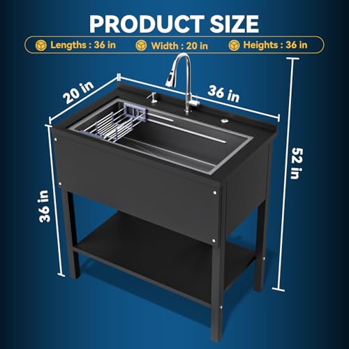 Stainless Steel Utility Sink,24" FreeStanding Laundry&Utility Room Sinks with Cold and Hot Water Faucet,Hoses and Drain Kit Commercial Single Bowl,Laundry Sink for Kitchens, Garage (24x18x36 Black)