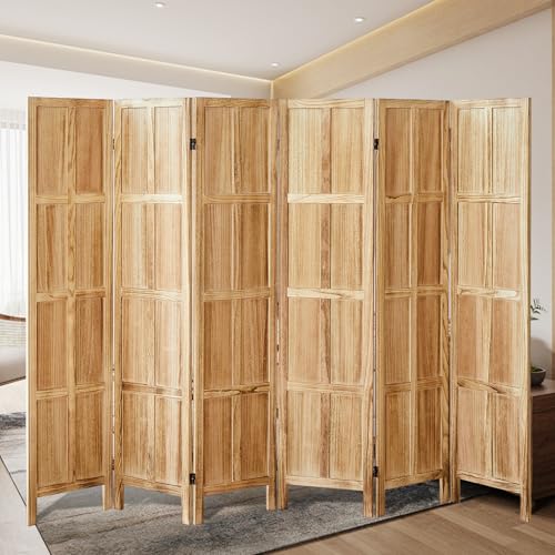 Wood Room Divider 4 Panel, 5.6 FT Tall Room Divider and Folding Privacy Screen, Partition Divider for Room Separation, Wooden Wall Divider Screen for Home Office Bedroom (Retro White)