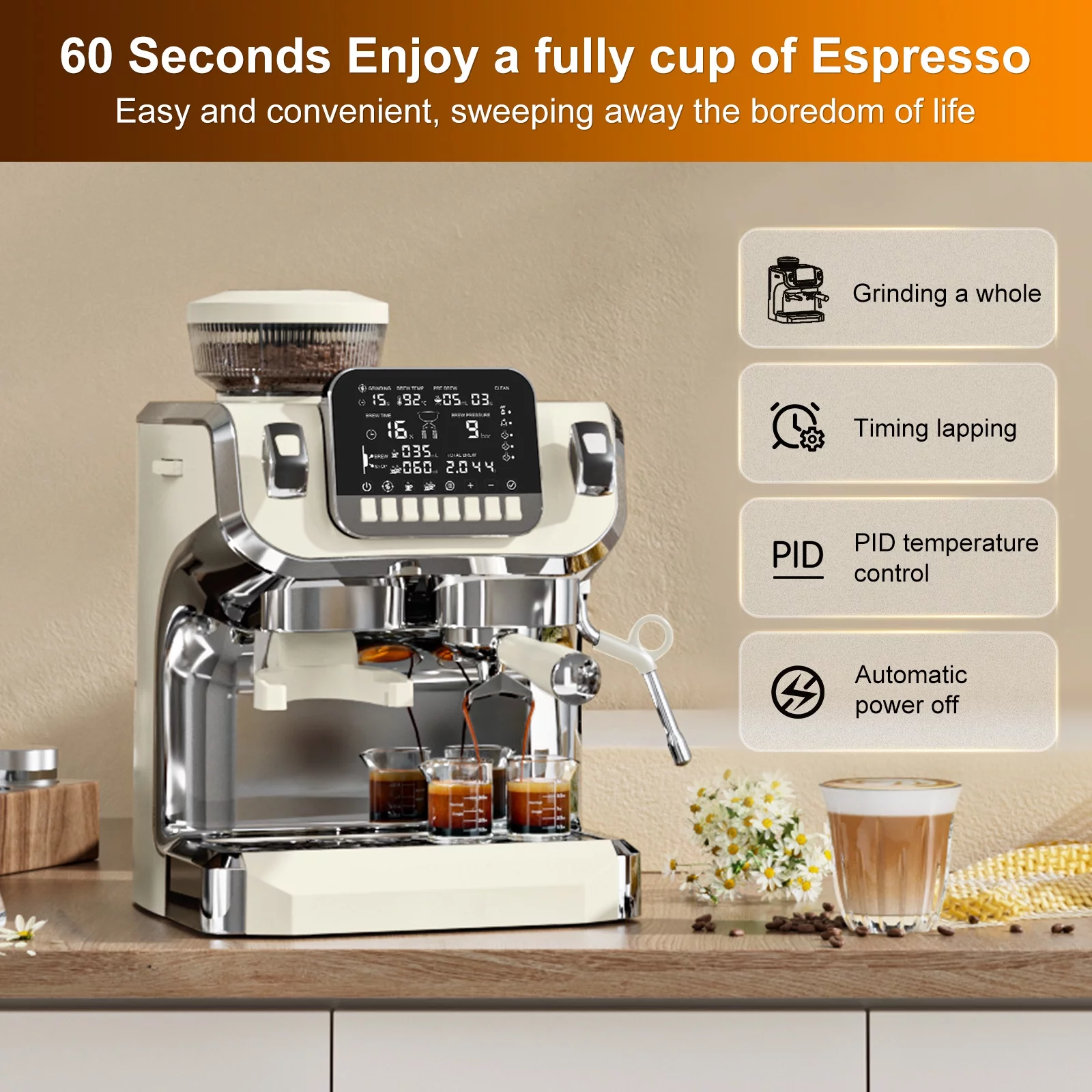 Mcilpoog Espresso Machine with Milk Frother，Semi Automatic Coffee Machine with Grinder,Easy To Use Espresso Coffee Maker with 6 inch Large Screen,15 Bar Pressure Pump,PID Temperature Control.（TC520）