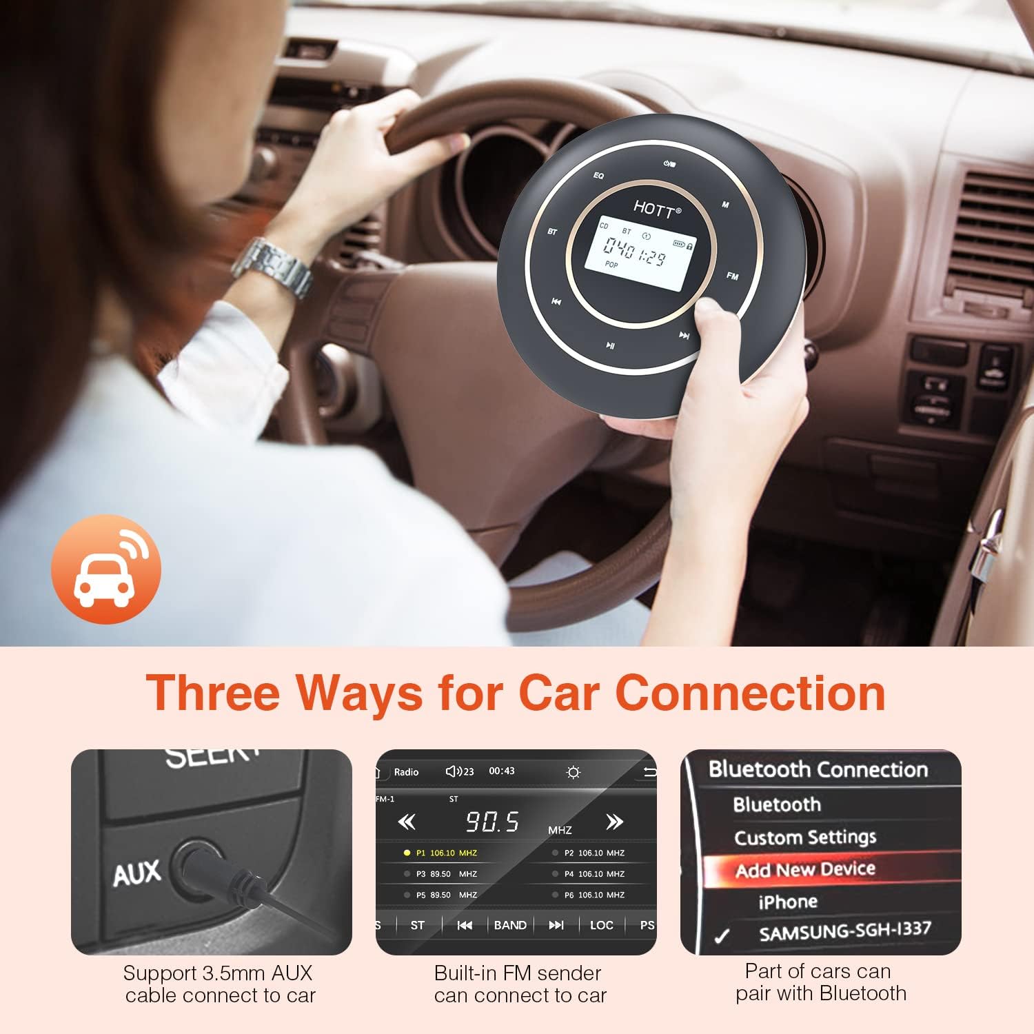 HOTT C105 Portable CD Player for Car with Bluetooth and FM Transmitter Rechargeable Compact CD Player with Touch Button Backlight Display for Home