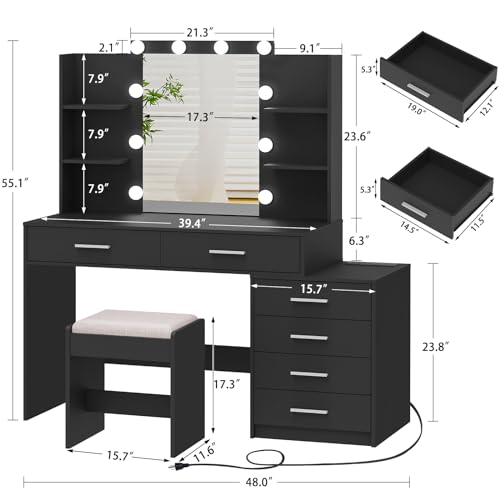 Quimoo Large Vanity Desk with LED Lighted Mirror & Power Outlet,Makeup Vanity Table with 7 Drawers,4 Shelves and 5 Hooks,Vanity Table, Vanity Desk Set for Bedroom,Bathroom,White