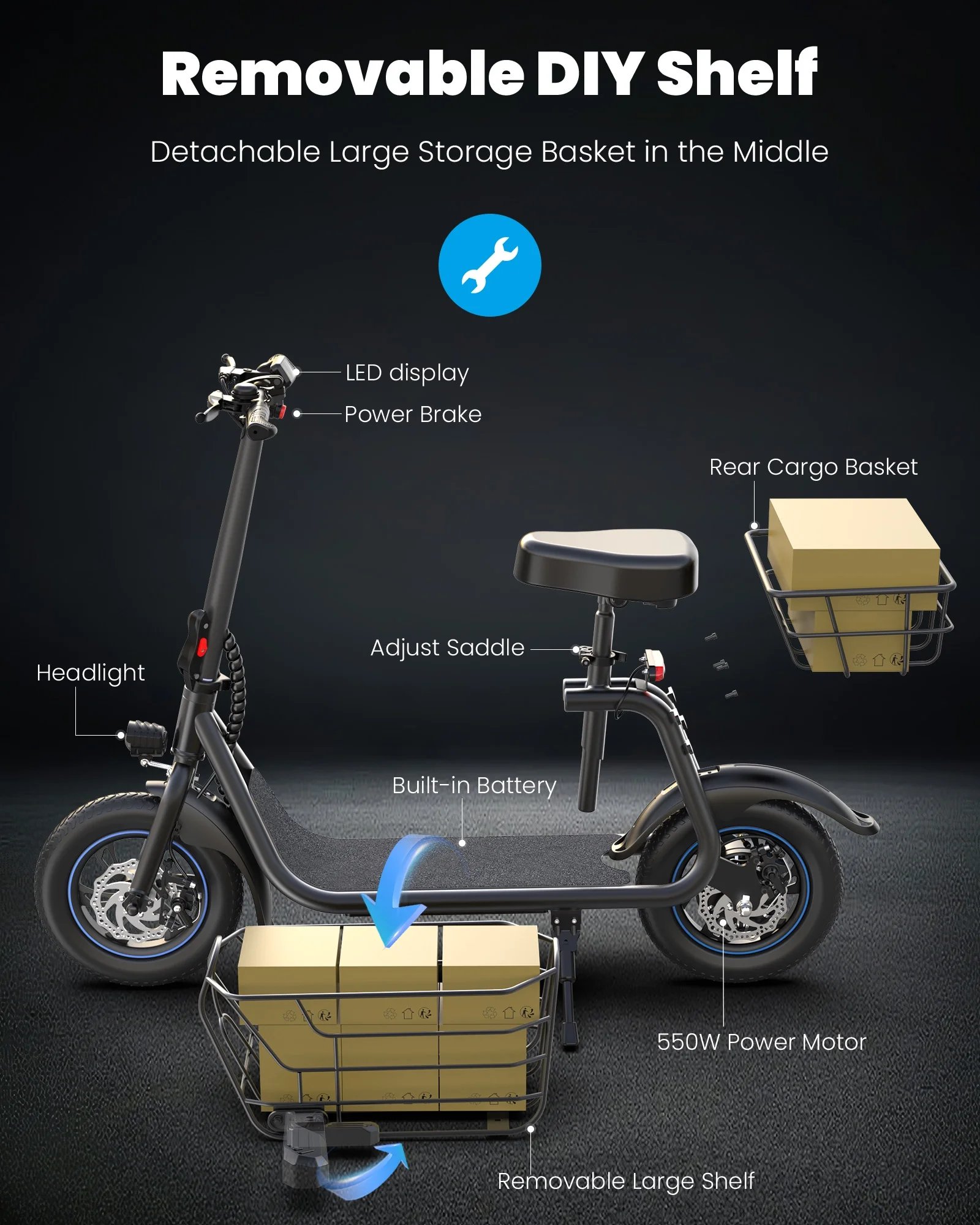 Athletgo C1S 550W Electric Scooter with Big Seat for Adult, 12 inch Commuter Electric Scooter with Front And Back Basket - up to 25 Miles 18.6MPH