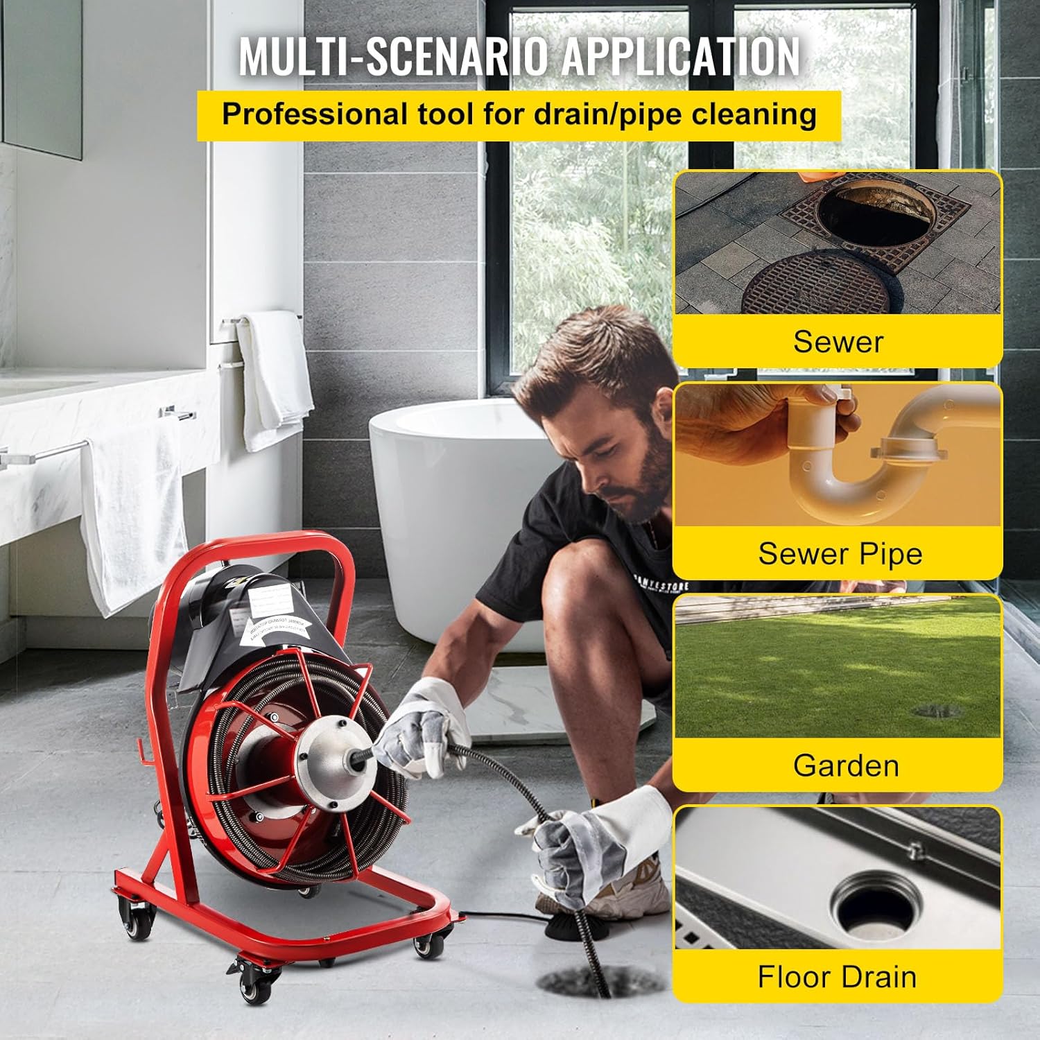 VEVOR 75FT x 3/8 Inch Drain Cleaning Machine, 250W Electric Drain Auger on Wheels, Portable Sewer Snake Auger Cleaner with Cutters & Air-Activated Foot Switch for 2" to 4" Pipes, Black, Red