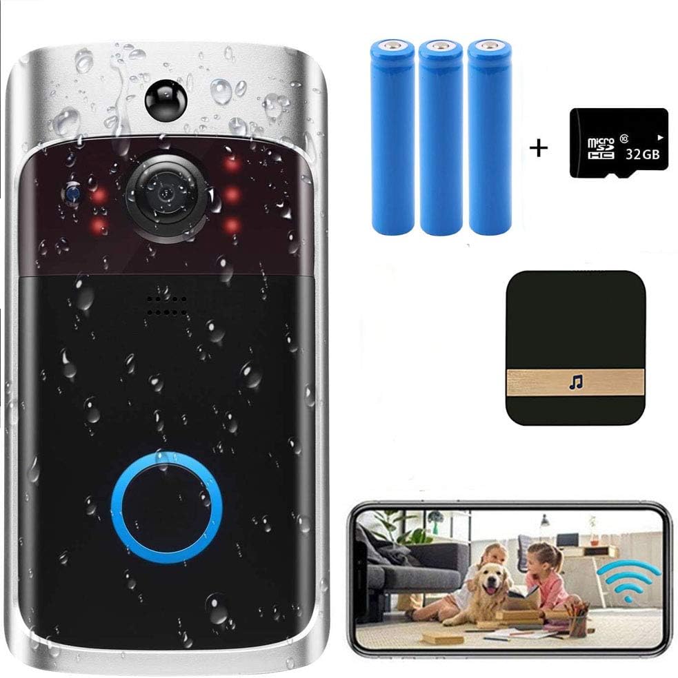 Doorbell Video Doorbell Camera Door Bell, With Smart PIR Motion Detection, Real-time Notification, Night Vision with Two-Way Conversation, Including 32GB SD Card and Batterys (Upgraded to 2021)(Black)