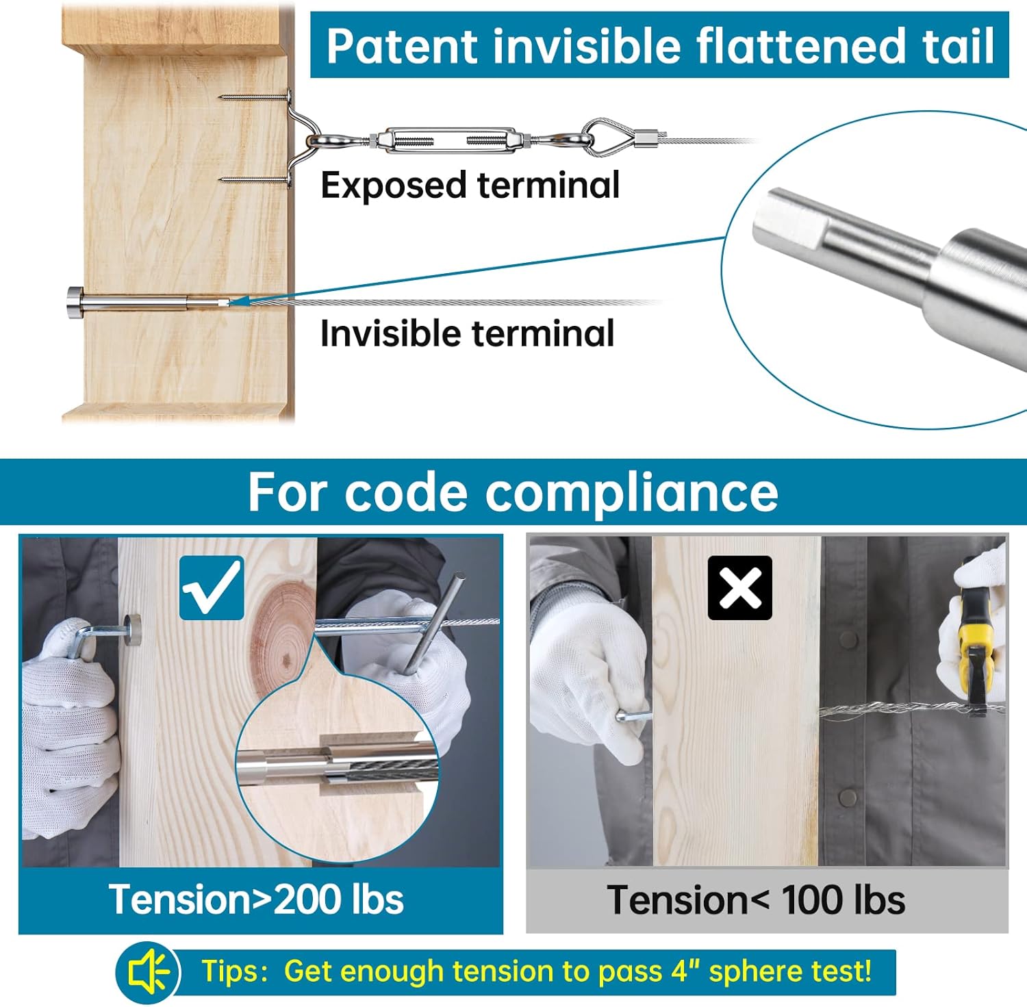 Muzata 10Pair Invisible Cable Railing kit 1/8" Swage Tensioner and Terminal Hidden T316 Stainless Steel for 2"x2" and 4"x4" Wood Metal Post Deck Stairs WoodHidden System CR26, CV1 CV2 Pack of 2