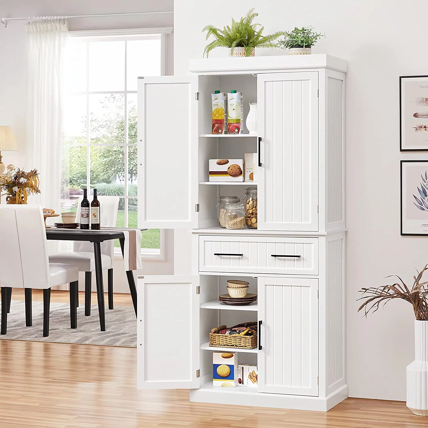 72.5" Kitchen Pantry Storage Cabinet with Drawer, Freestanding Pantry Cupboard with Doors and 2 Adjustable Shelves, Modern Utility Pantry Cabinet for Dinning Room, Living Room, White
