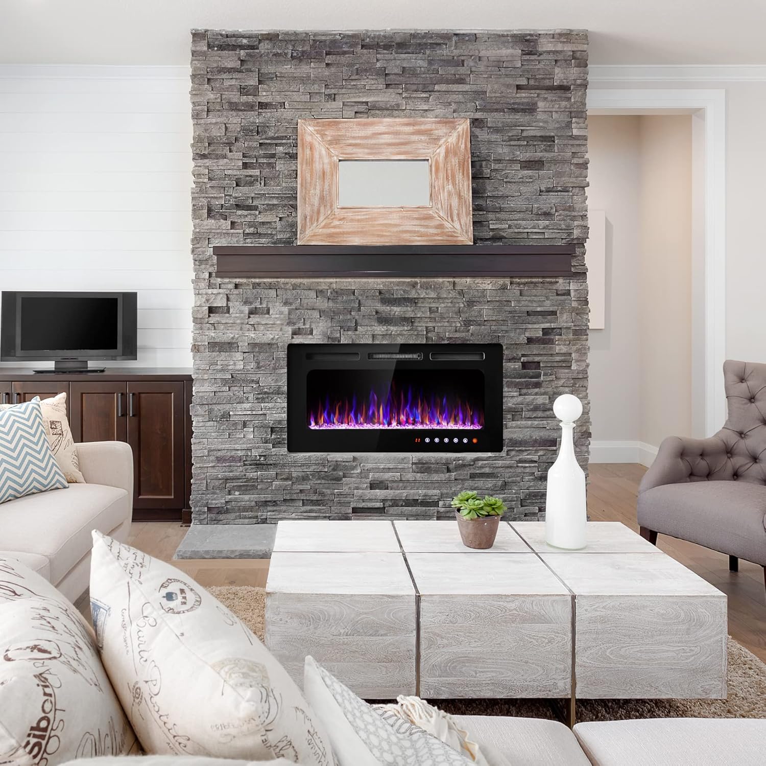 SUNNY FLAME 36 Inch Electric Fireplace Insert and Wall Mounted, Fireplace Heater, Log Set & Crystal Options, Remote Control with Timer, Adjustable Flame Color 750/1500W Heat