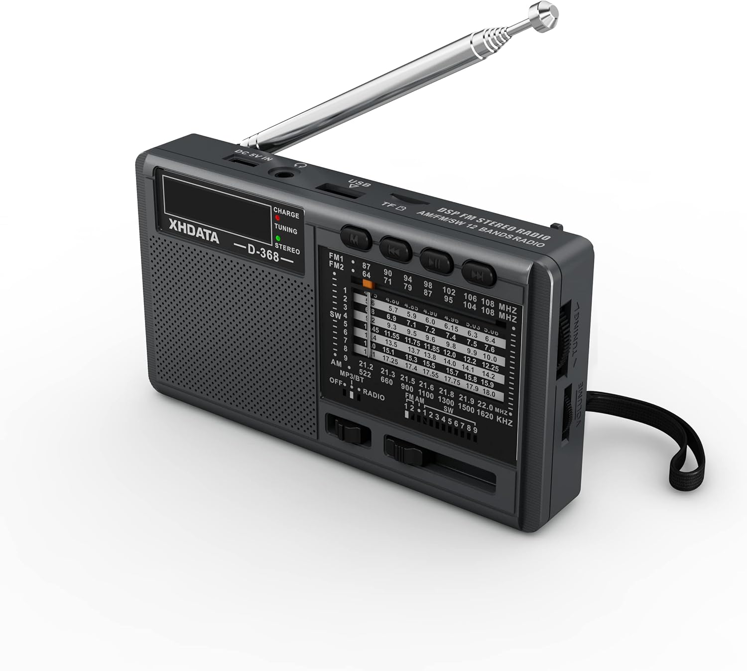 XHDATA D368 Portable Shortwave Radio FM AM SW 12 Band DSP Stereo Radio MP3 Player Wireless Bluetooth Speaker with High Sensitivity Reception Support Micro SD Card and USB Good for Parents