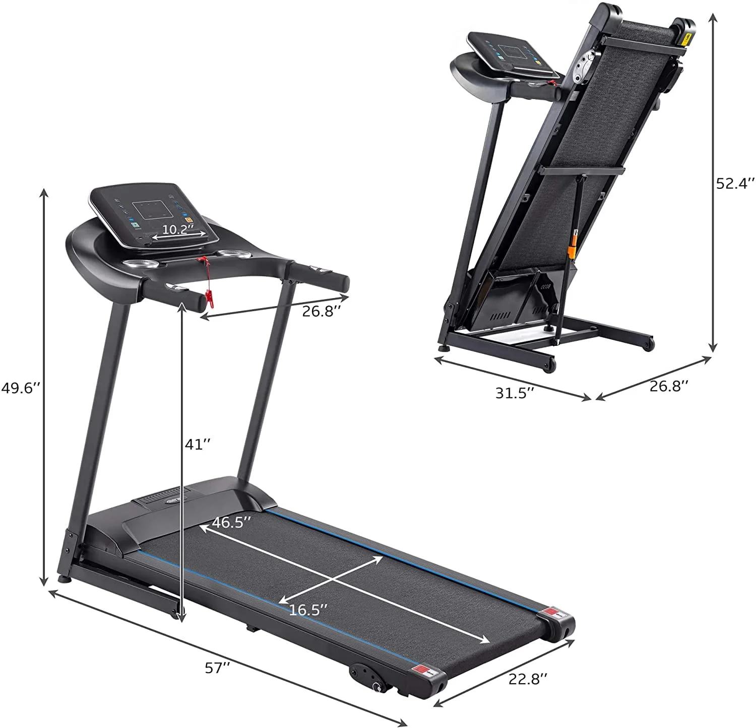 Folding Middle Treadmill for Home, 2.5HP Electric Motorized Running Machine with 10MPH Speed, Large Running Surface, 12 Programs, Speakers, Incline, LCD and Pulse Monitor for Running Walking