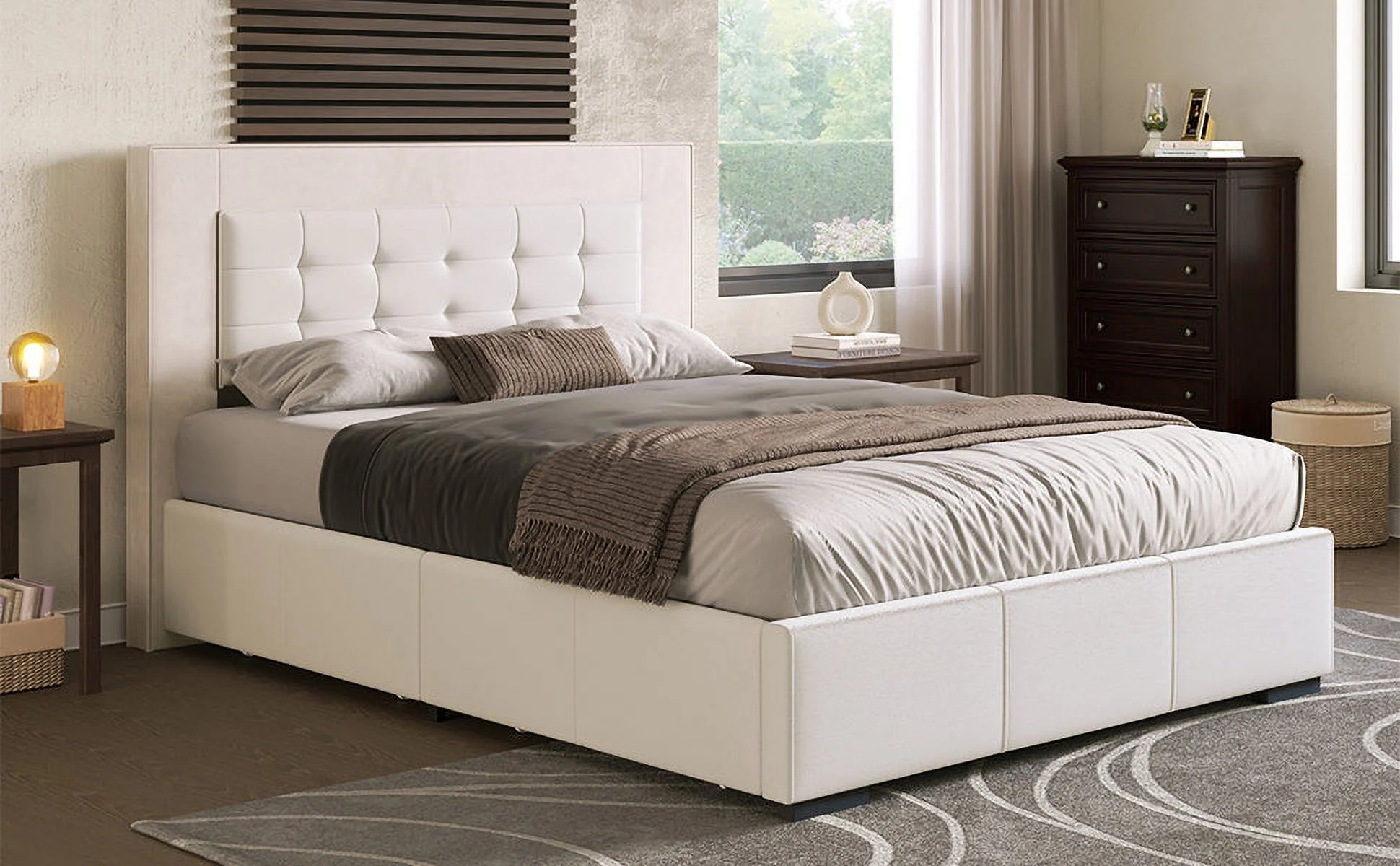 Acer Queen Platform Bed Frame with Four Drawers - Beige