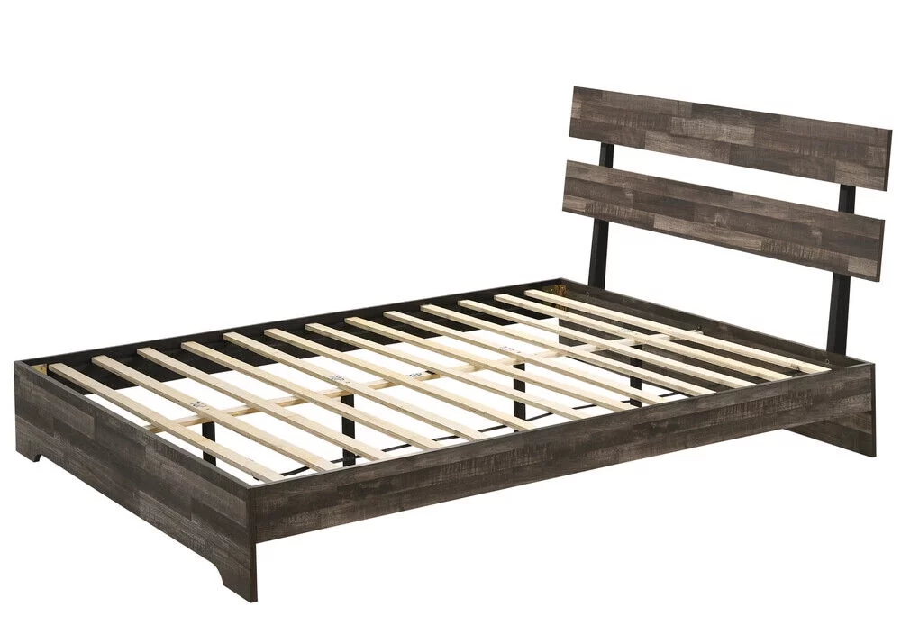 Rustic Brown Finish 6pc King Size Platform Bedroom Set Bed Dresser Mirror Nightstands Chest