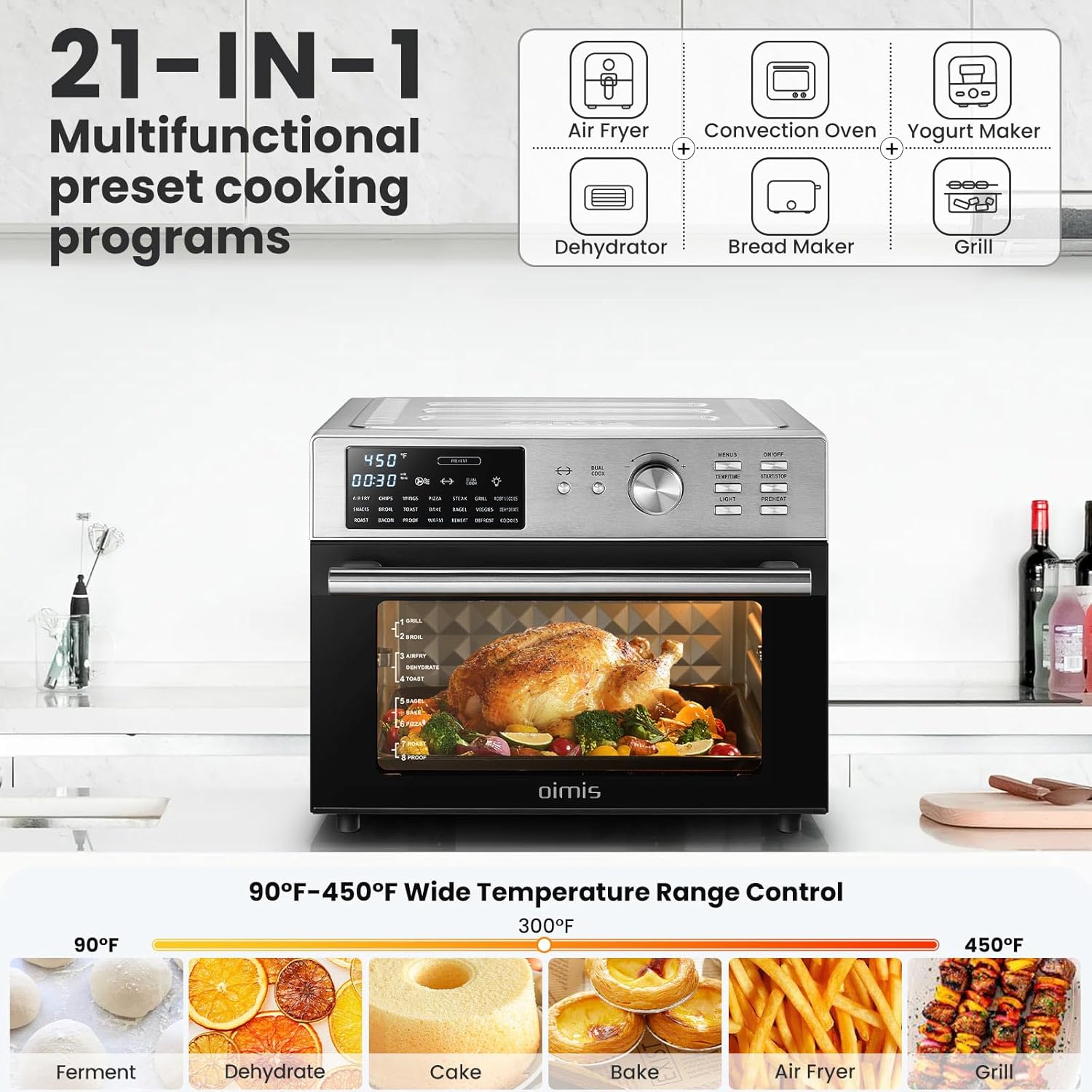 Smart Toaster Oven Air Fryer Combo, 21-in-1 XL Air Fryer Stainless Steel, 32QT Convection Oven Countertop with Toast, Air Fry, Rotisserie, Dehydrate and Grill. 6 Accessories, Recipes,1800W