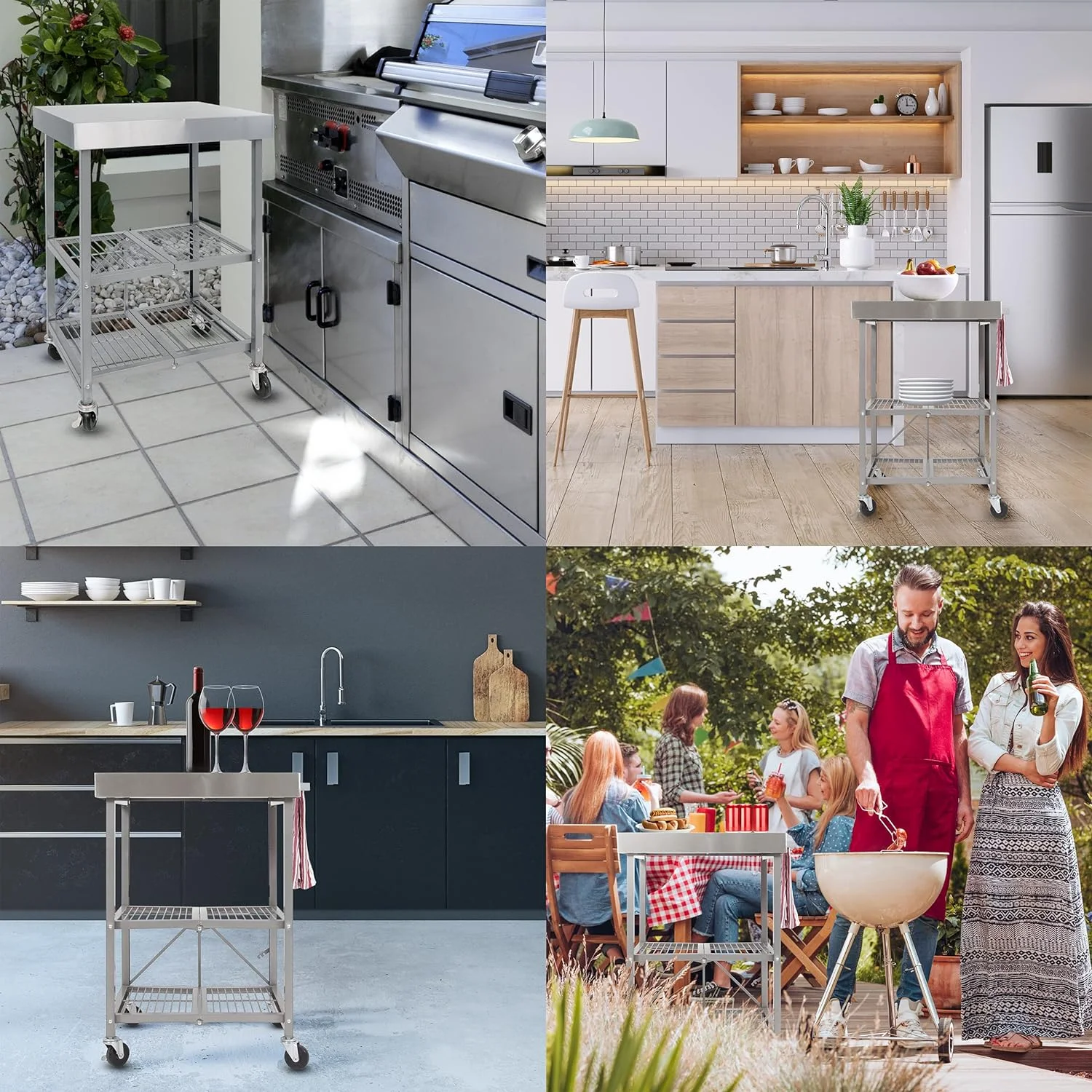 Stainless Steel Table With Wheels, 3-Tier Foldable Rolling Cart Made Of -Grade Metal - Stainless Steel Kitchen Island Design For Chefs Food Prep