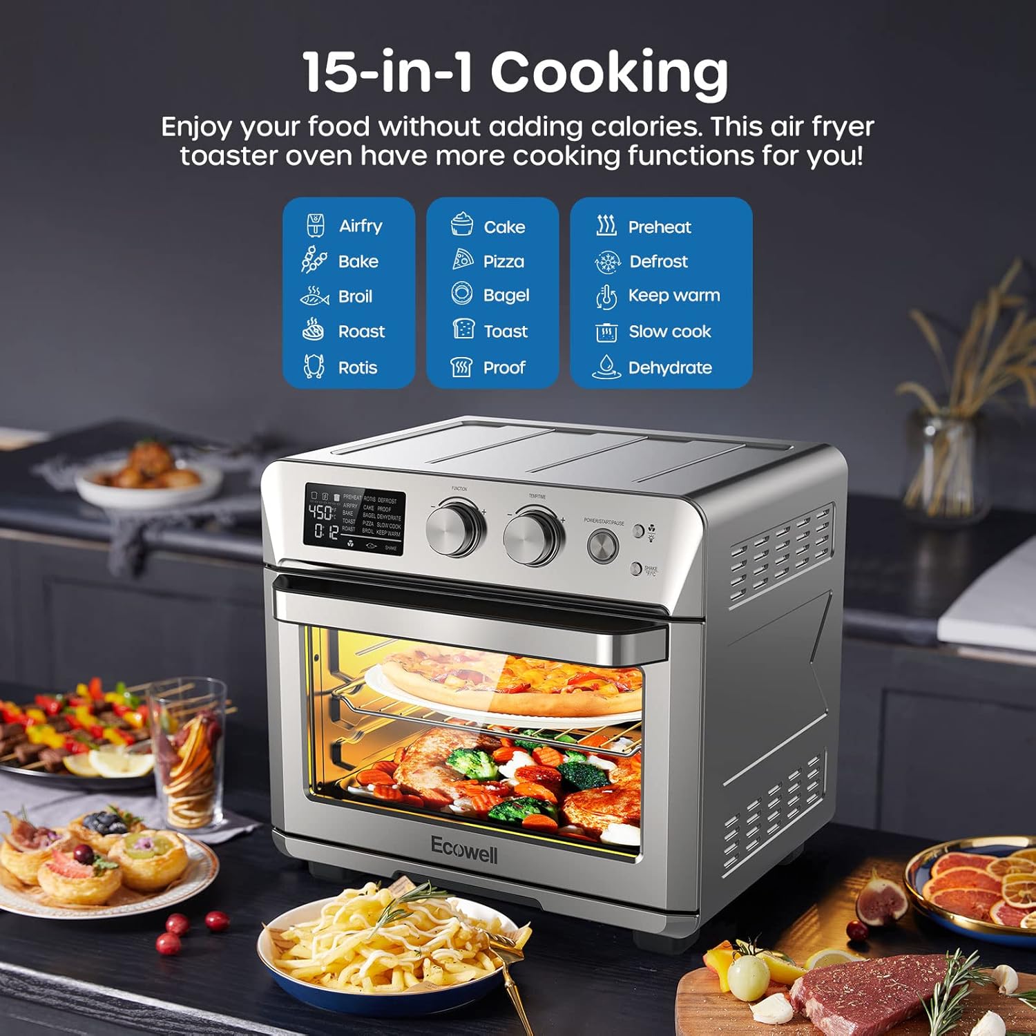 ECOWELL Air Fryer Toaster Oven Combo, 15-in-1 Airfryer Toaster Ovens Countertop, 26.4 QT Stainless Steel Air Fryers Convection Oven, for 360° Even & Healthy Cooking, Model: ECOKX01, Silver