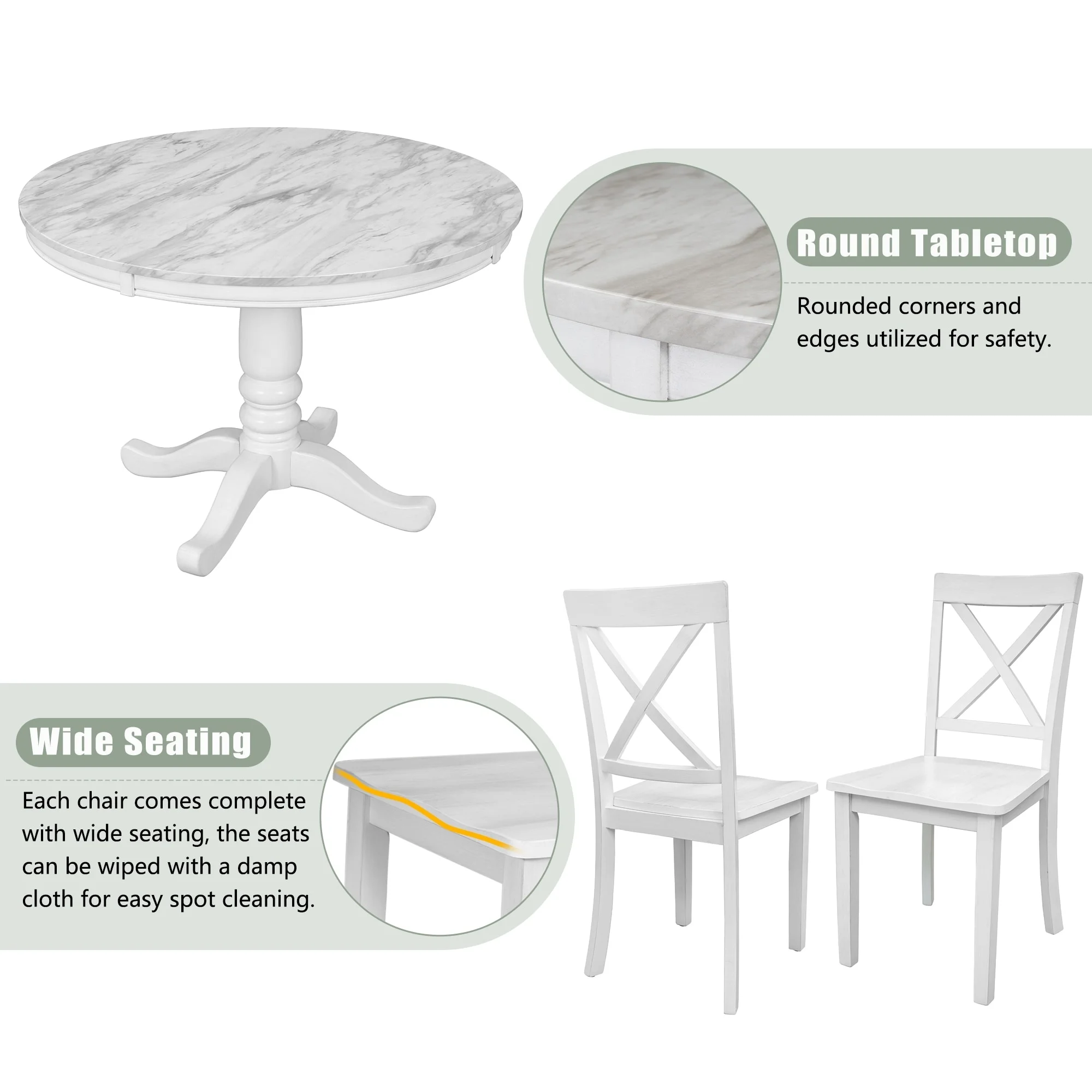 5-Piece Dining Table Set - Solid Wood Kitchen Table with Faux Marble Top & 4 Chairs - Contemporary Design, Easy Assembly White