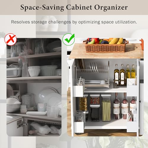 LUMISOL Kitchen Cart with Wood Top, Rolling Kitchen Island Cart with Spice Rack, Towel Rack and 4 Drawers, Storage Cabinet with Open Shelves and Door
