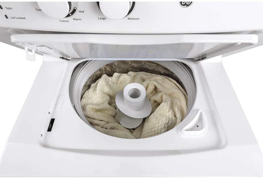 GE GUV27ESSMWW Unitized Spacemaker 3.8 Washer with Stainless Steel Basket and 5.9 Cu. Ft. Capacity Long Vent Electric Dryer, White