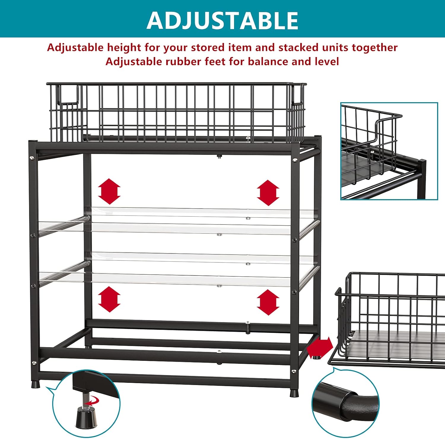 FavoThings Stackable 2-Tier Kitchen Cabinet Organizer Under Sink Organizer Rack with Sliding Storage Basket Drawers, Black