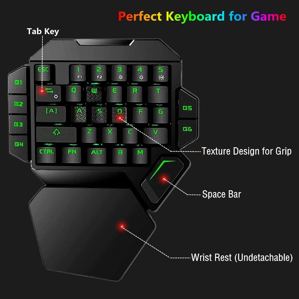 RGB One Handed Mechanical Gaming Keyboard,Colorful Backlit Professional Gaming Keyboard with Wrist Rest Support,USB Wired Single Hand Mechanical Keyboard for Game