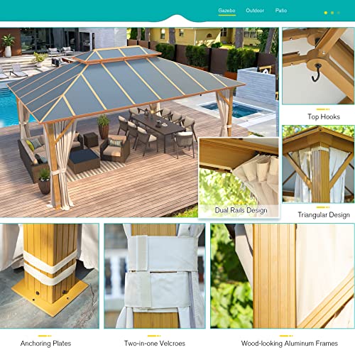 YOLENY 10' x 12' Hardtop Gazebo, Wood-Looking Gazebo with Galvanized Steel Double Roof, Aluminum Frame, Permanent Metal Pavilion with Netting and Curtains for Deck, Backyard, Patio and Lawns