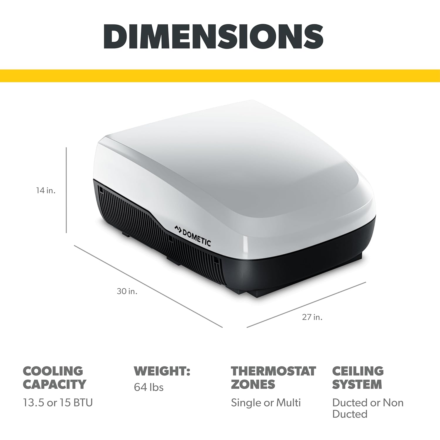 Dometic 9600028600 FreshJet 3 Series Standard Profile Mechanical Rooftop Air Conditioner, Cool Only - 15,000 BTU, White