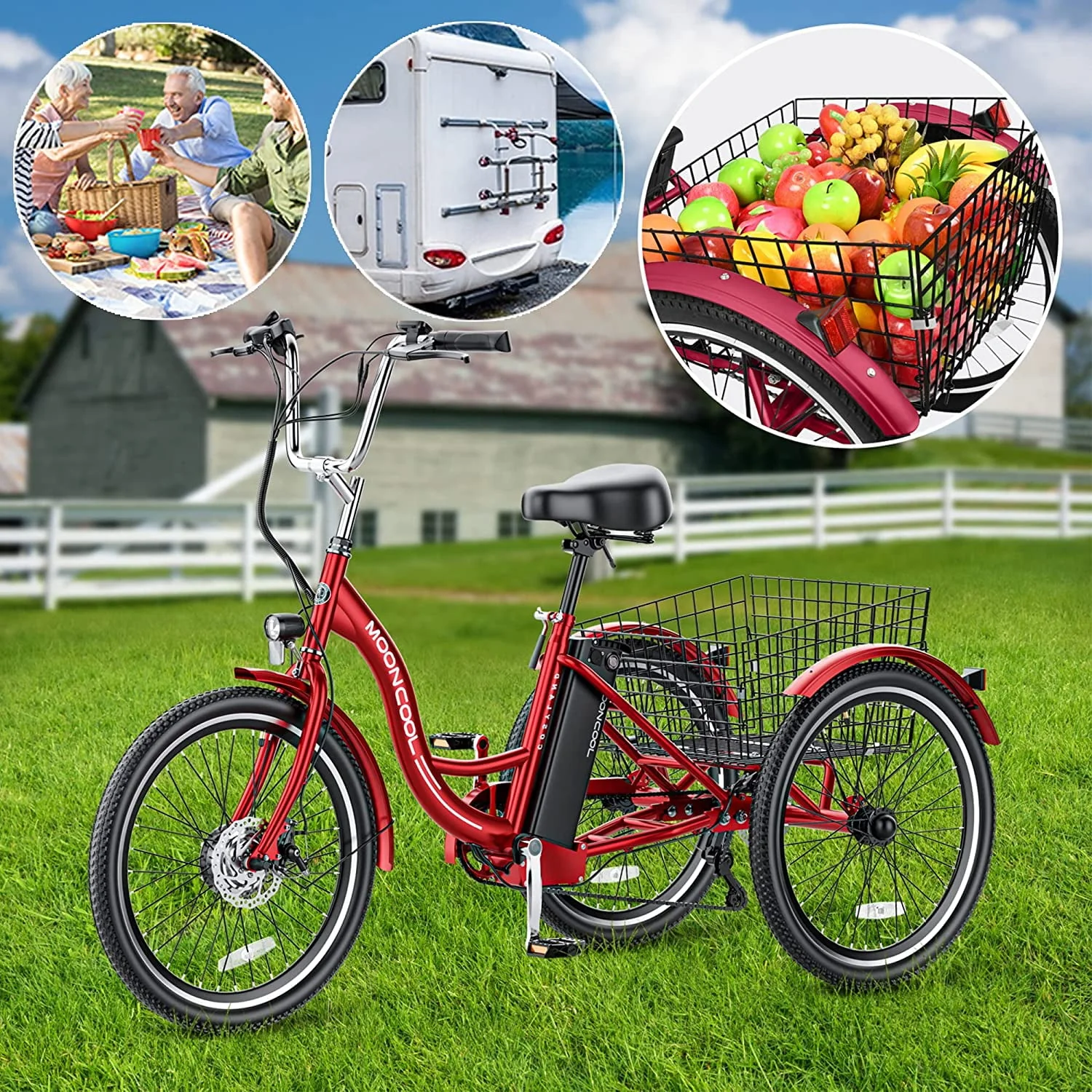 MOONCOOL 24/26 Electric Tricycle for Adults, 350W 36V 7 Speeds Electric Trike Motorized Three Wheel Electric Bikes Bicycle with Large Basket for Women Men