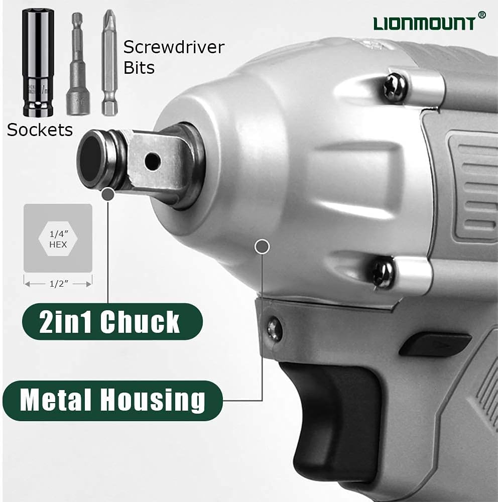 Cordless Impact Wrench, Lionmount 20V 1/2'' Brushless Electric Impact Driver Set, Max Torque 220 Ft-lb (300 N.m), 4400 RPM, Tool Case, Impact Sockets