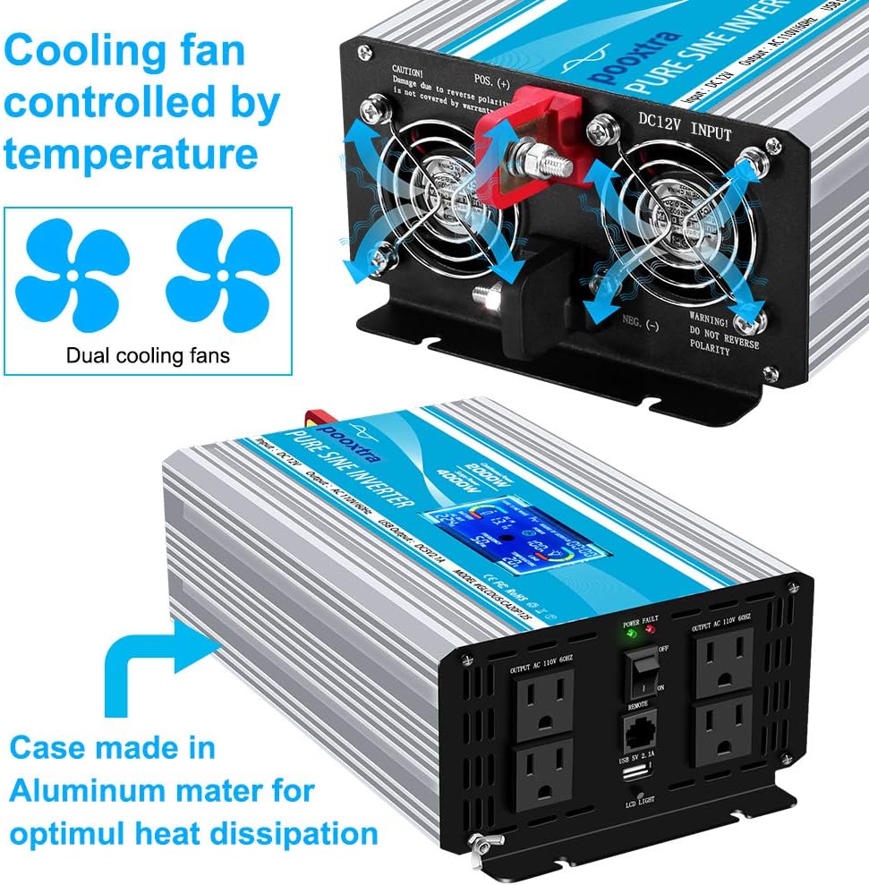 2000 Watt Pure Sine Wave Inverter 12V DC to 110V/120V AC Power Converter with LCD Display & USB Port +4 AC Outlets Car Power for Home RV Trucks Car Emergency to Use(4000 Peak Power)