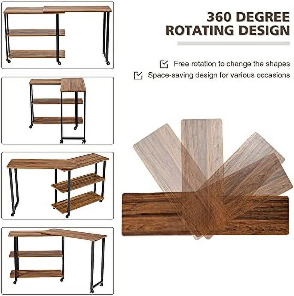 KHBIULIFE ° Rotating Sofa   Patented L-Shaped Corner Desk with 2-Tier    Mobile End Table Movable Laptop Table with Casters  for Home Office (Walnut)