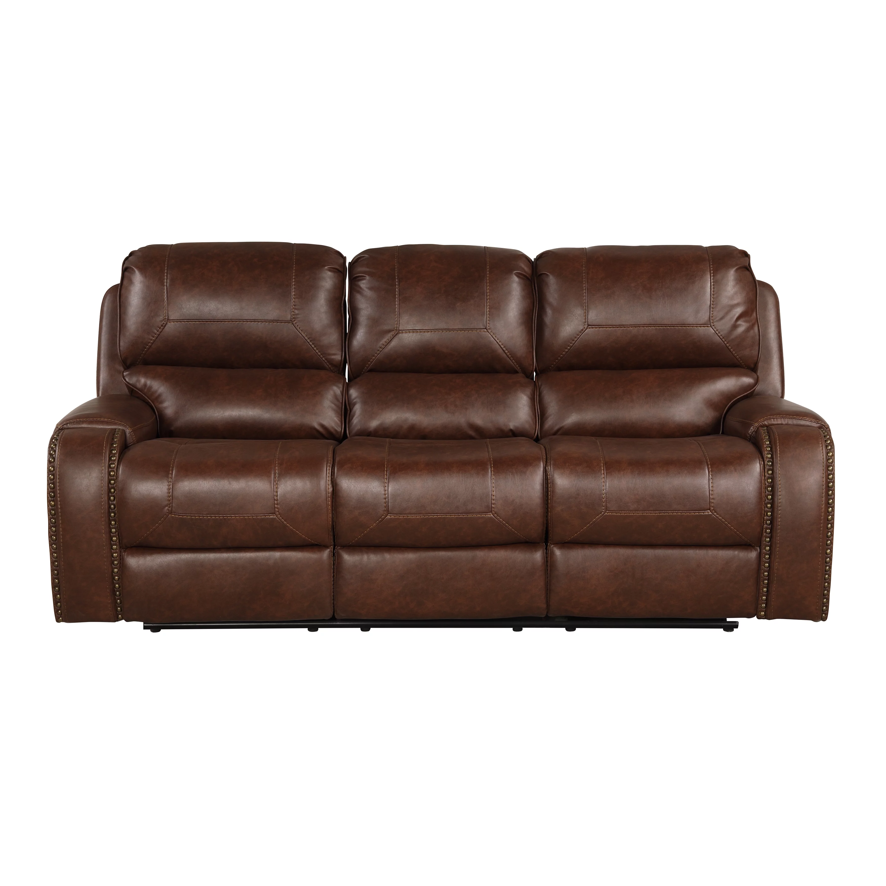 Roundhill Furniture Achern Brown Leather-Air Nailhead Manual Reclining 3-Piece Sofa Set